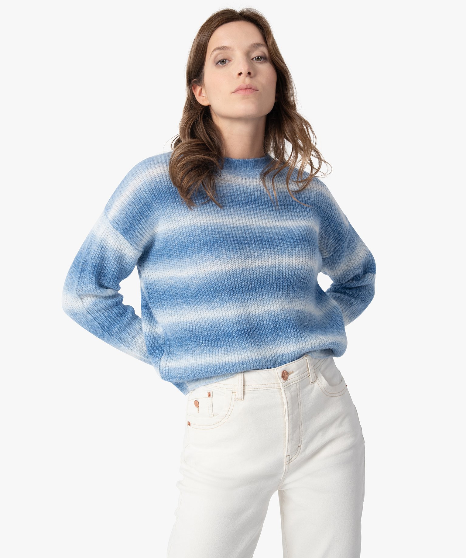 Pull femme court en maille fine effet tie and dye bleu | GEMO