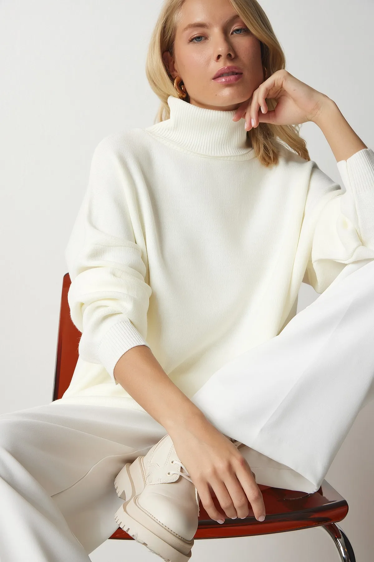 Happiness İstanbul  Damen Rollkragenpullover in Übergröße mit Knochenmuster BV00084