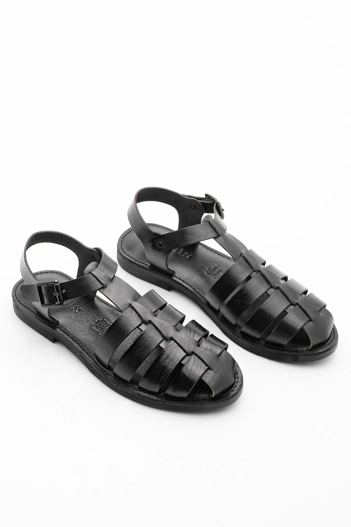 Marjin  Damen-Sandalen aus echtem Leder, leichte Eva-Sohle, dickes Band, Alltagssandalen, Bangin, schwarz