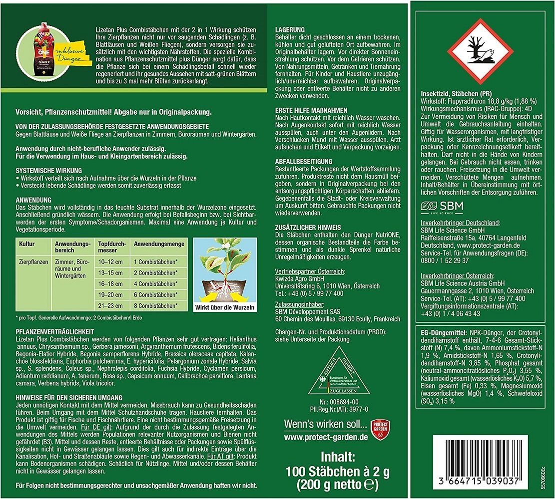 Protect Garden Insektenvernichtungsmittel Protect Garden Lizetan Plus Combistäbchen 100 Stück Schutz und Dünger