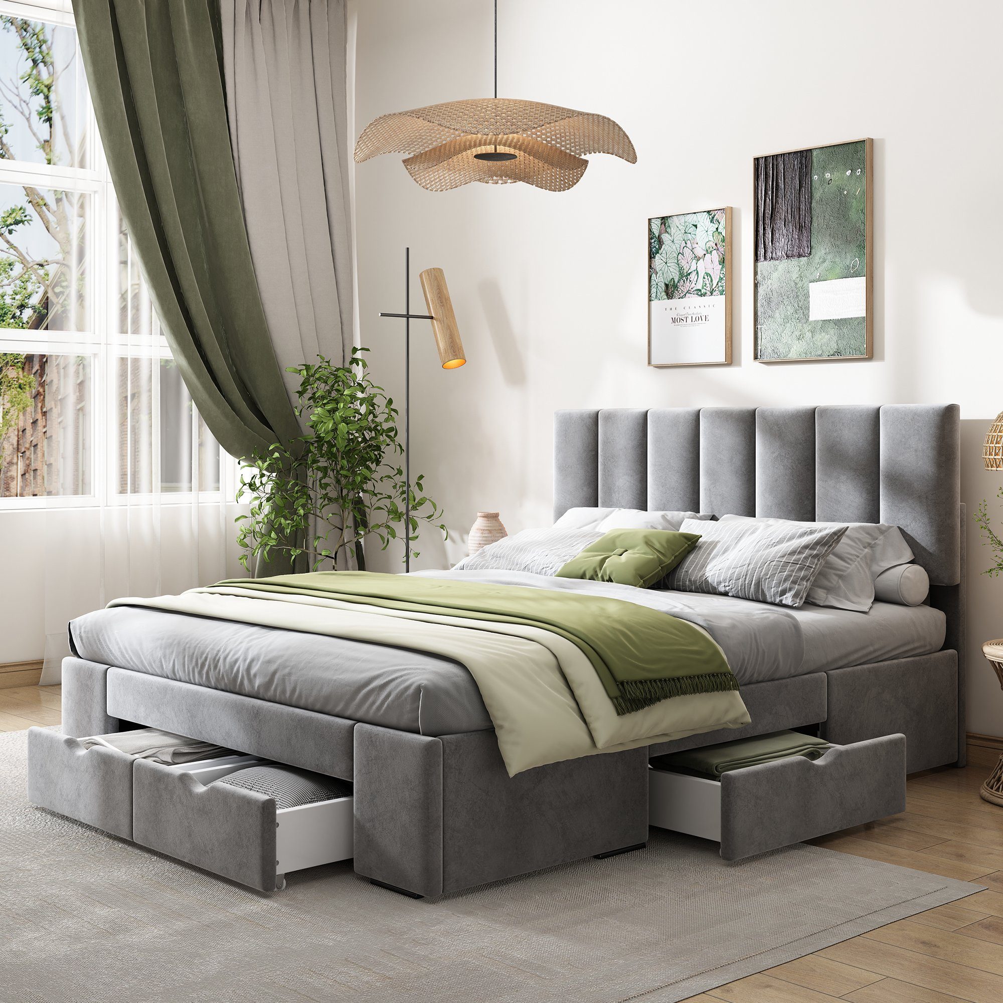 OKWISH Polsterbett Doppelbett Stauraumbett Bett mit Lattenrost (Mit 4 Schubladen (140x200 cm)