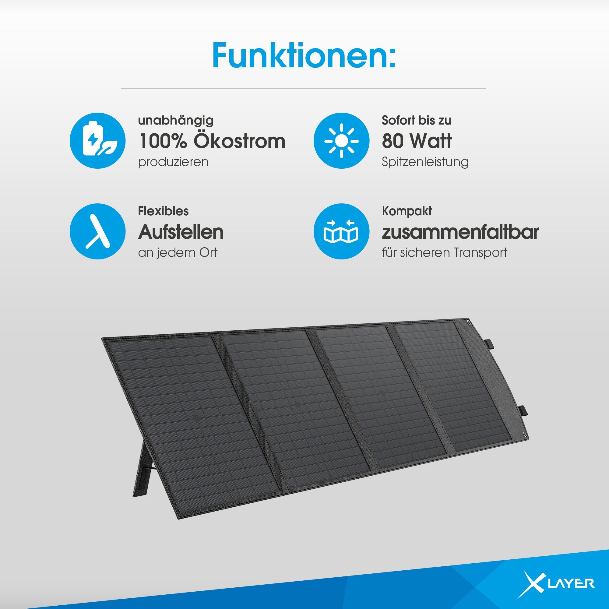 XLAYER Solarmodul Solarpanel 80W faltbar tragbar mobile Stromversorgung USB-C Notstrom, 80.0 W, (Set, 1-St)