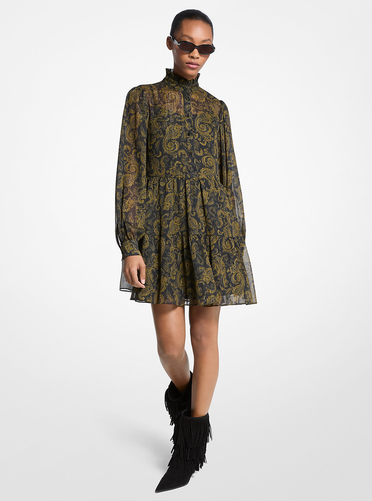 Metallisk paisley-trykk Georgette minikjole - IVY