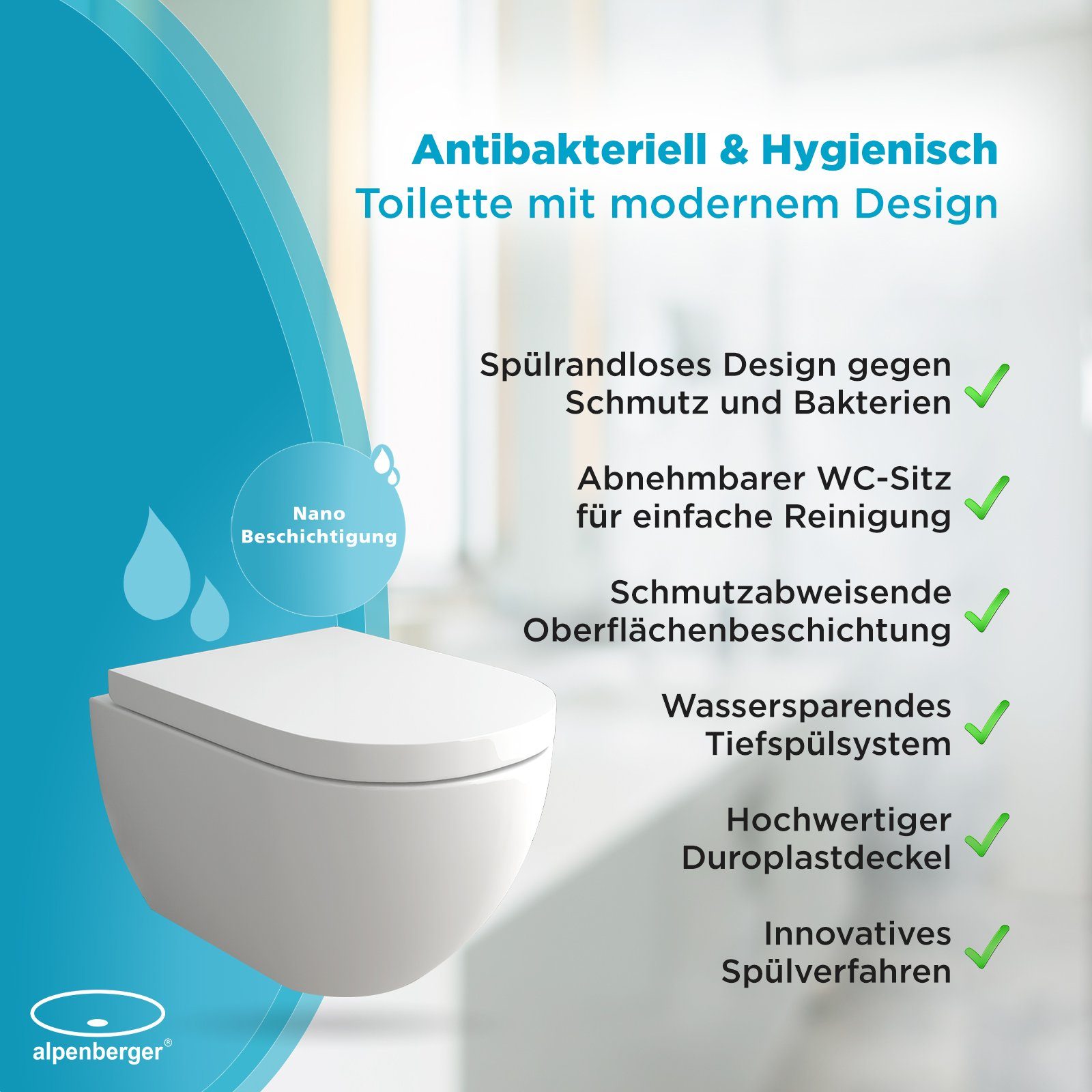 Alpenberger Tiefspül-WC - Toilette mit WC-Sitz Soft-Close - Wand WC Spülrandlos, Wandmontage, Abgang Waagerecht, 2-tlg. Komplett Set, Hänge WC Set mit Nano Beschichtung - Made in EU - Passend zu Geberit