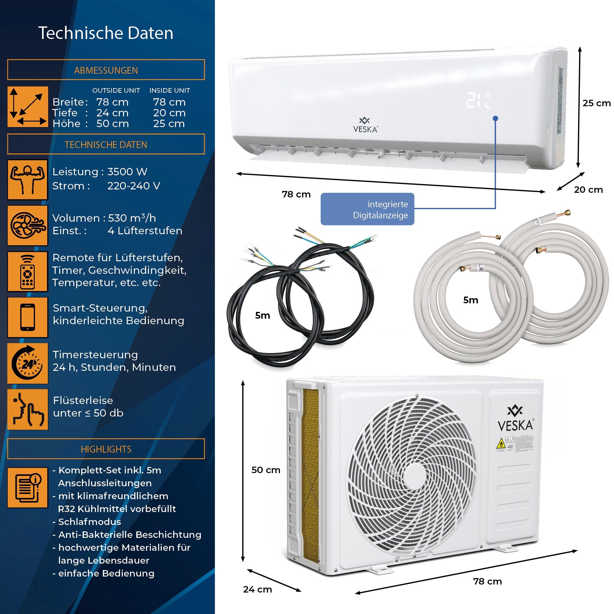 VESKA Split-Klimagerät Inverter Klimaanlage 12000 BTU - 3,5 KW - 2in1 Kühlen und Heizen, mit WiFi/App Funktion, Fernbedienung, Timer, inkl. Montagematerial