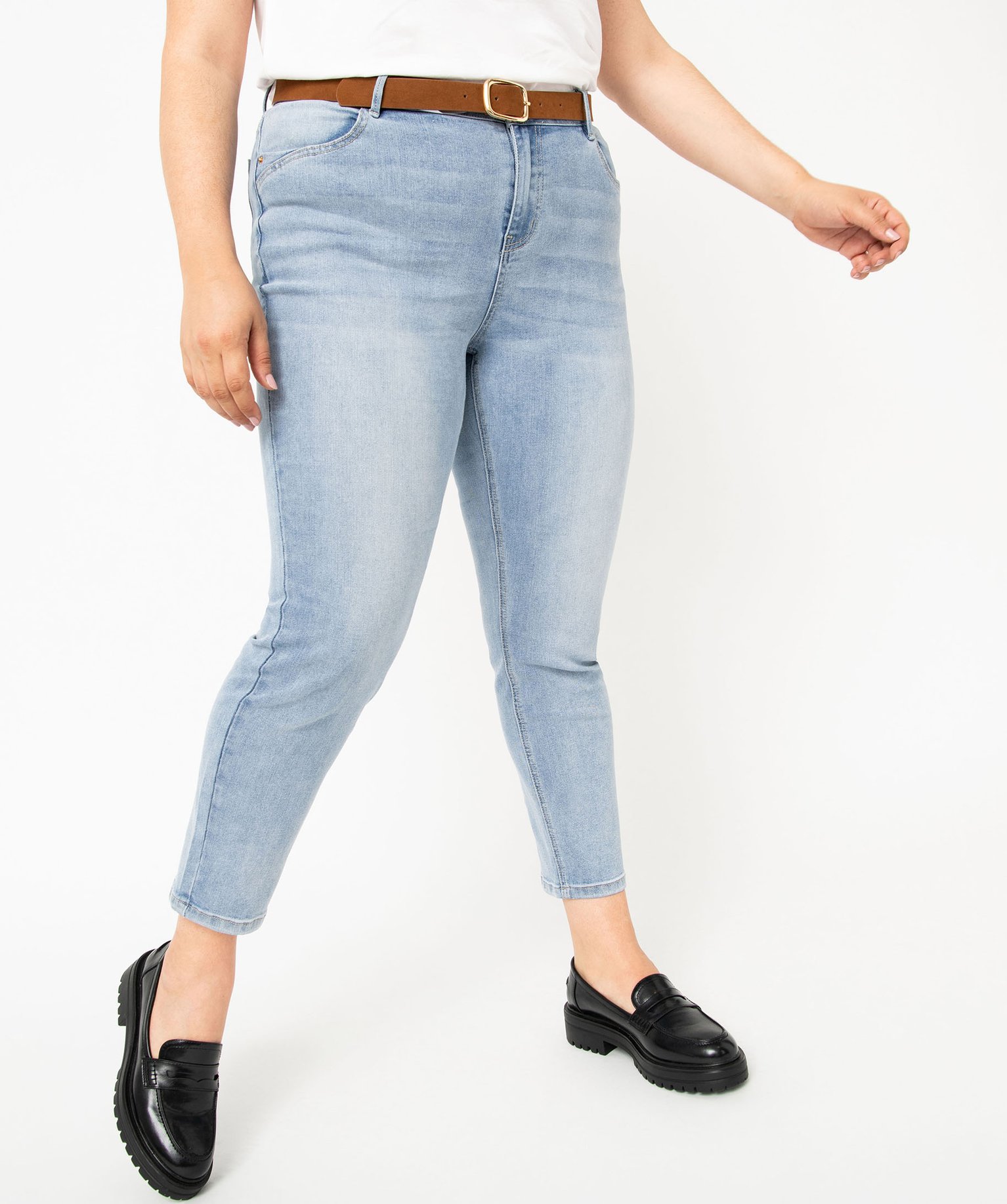 Jean slim 7/8e avec ceinture femme grande taille bleach | GEMO