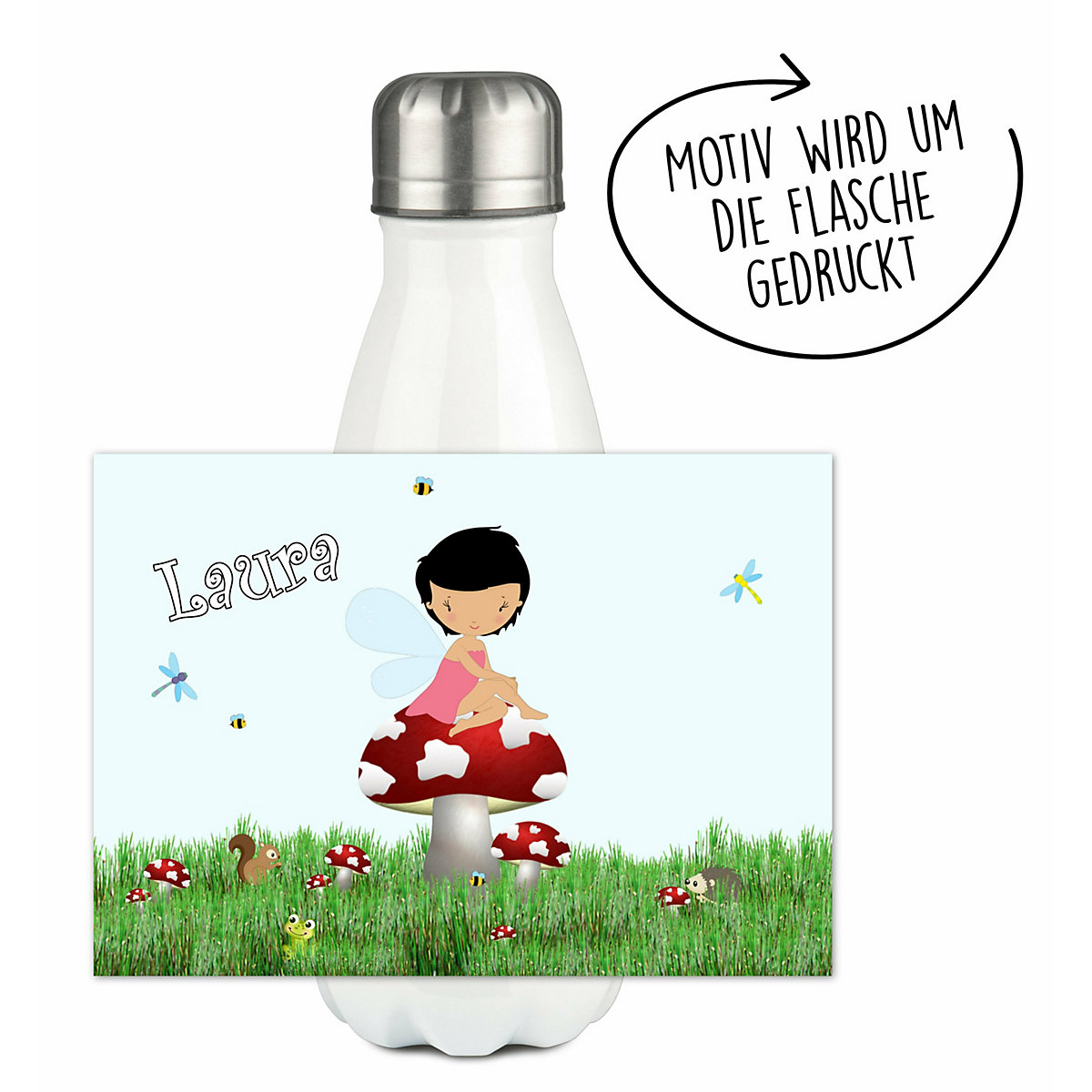 Edelstahl Kinder Thermoflasche / Trinkflasche bunt Waldfee Spülmaschinenfest, Auslaufsicher, Bruchfest, Doppelwandig, Für Heißgetränke geeignet, Mit Deckel, Isoliert