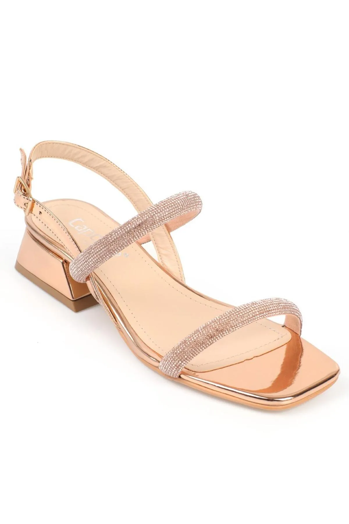 Capone Outfitters  Capone Blunt Toe Stone Double Thick Strap Short Heel Mirror Fabric Rose Damen-Sandalen