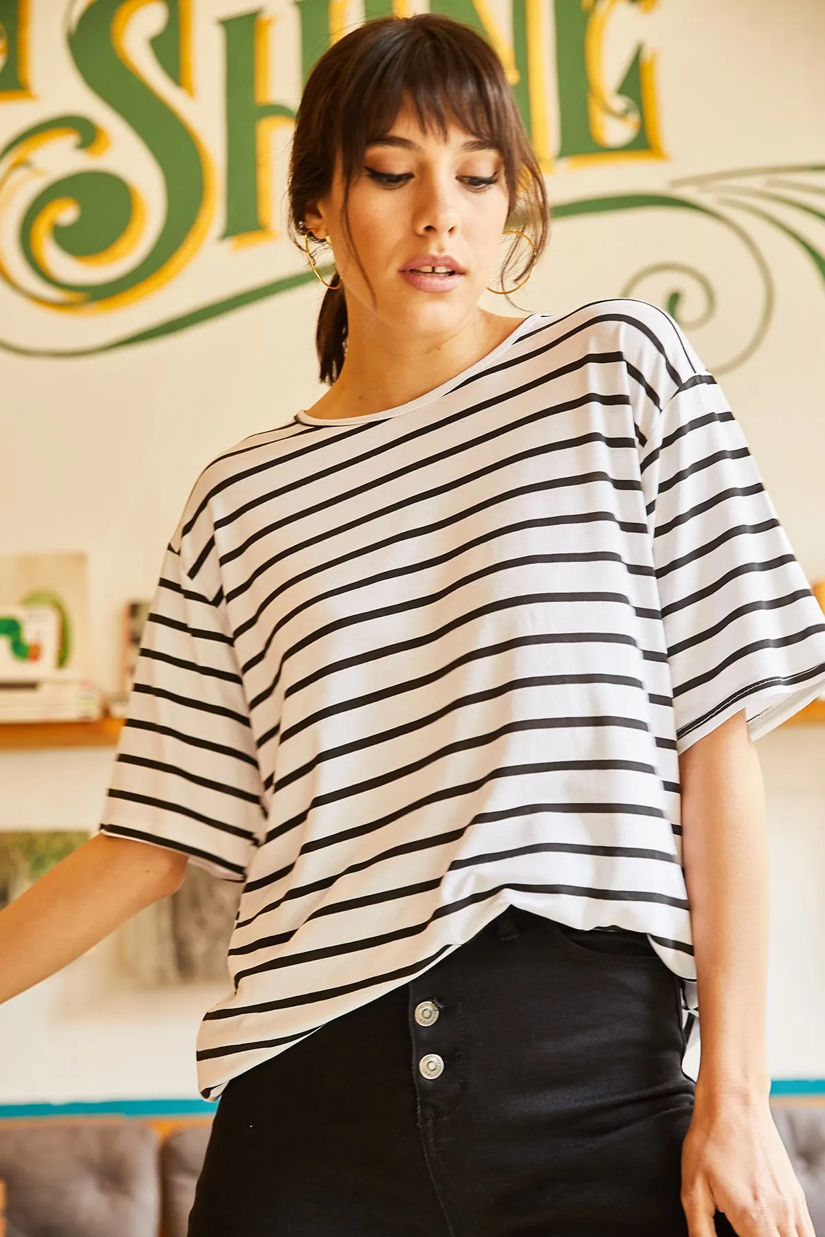 Olalook  Weiß gestreiftes Freizeit-T-Shirt für Damen TSH-19000283