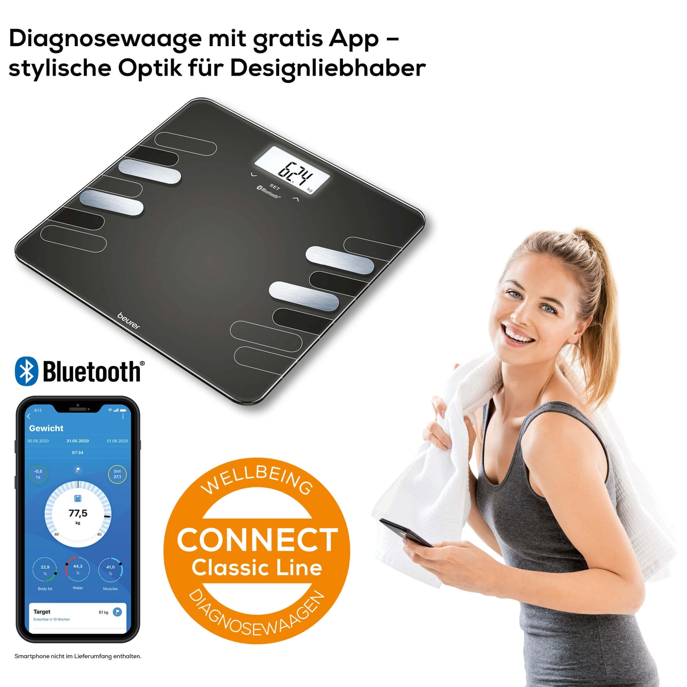 Beurer Diagnosewaage BF 600 Style-Analysewaage mit BMI Ganzkörperanalyse & App-Anbindung - bis 180 kg