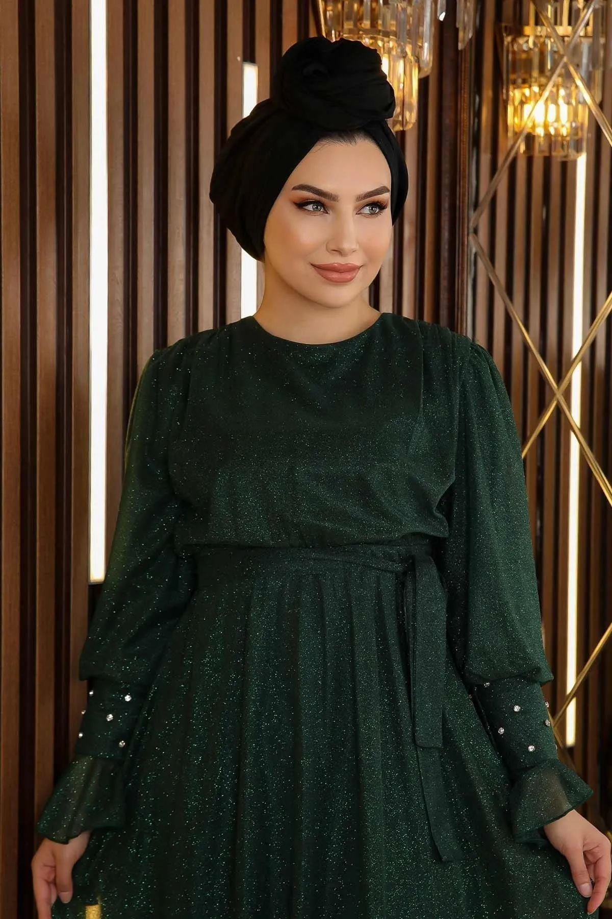 Modamihram  Steindetailliertes glitzerndes Chiffon-Abendkleid Smaragdgrün 19113