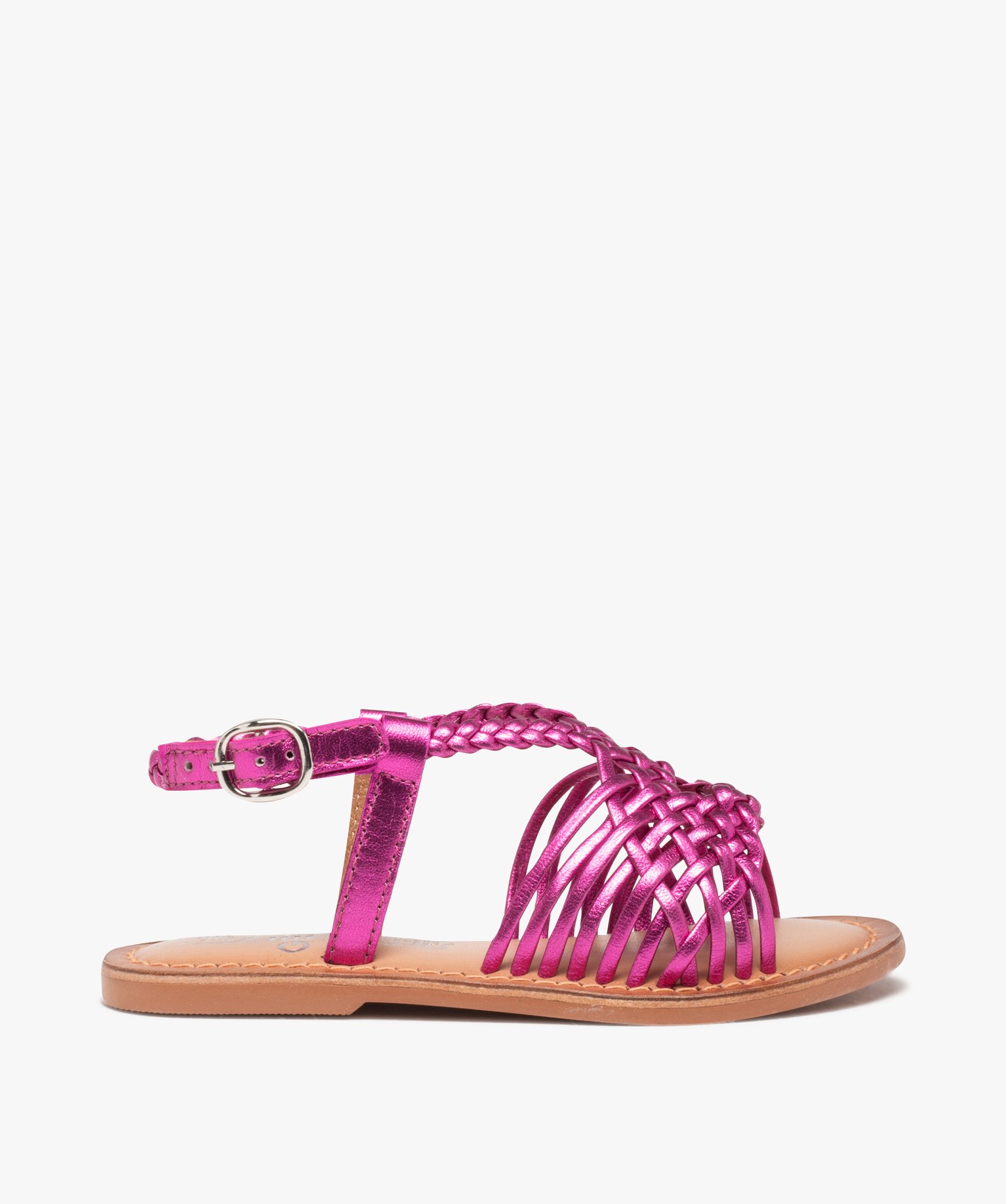 Sandales fille à fines brides en cuir tressées métallisées rose | GEMO
