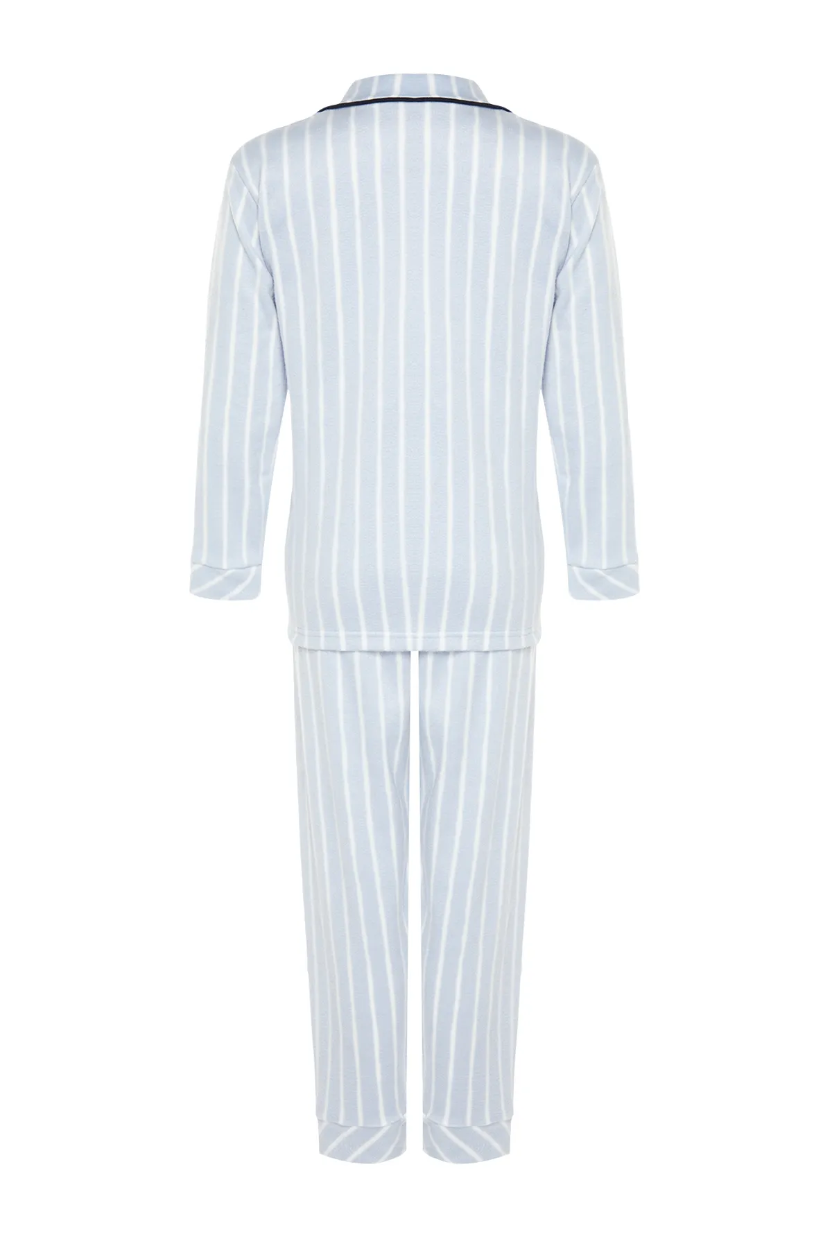 Trendyol Collection  Blau gestreiftes, mit Paspeln versehenes, detailliertes Schlafband-Strickpyjama-Set THMAW22PT0360