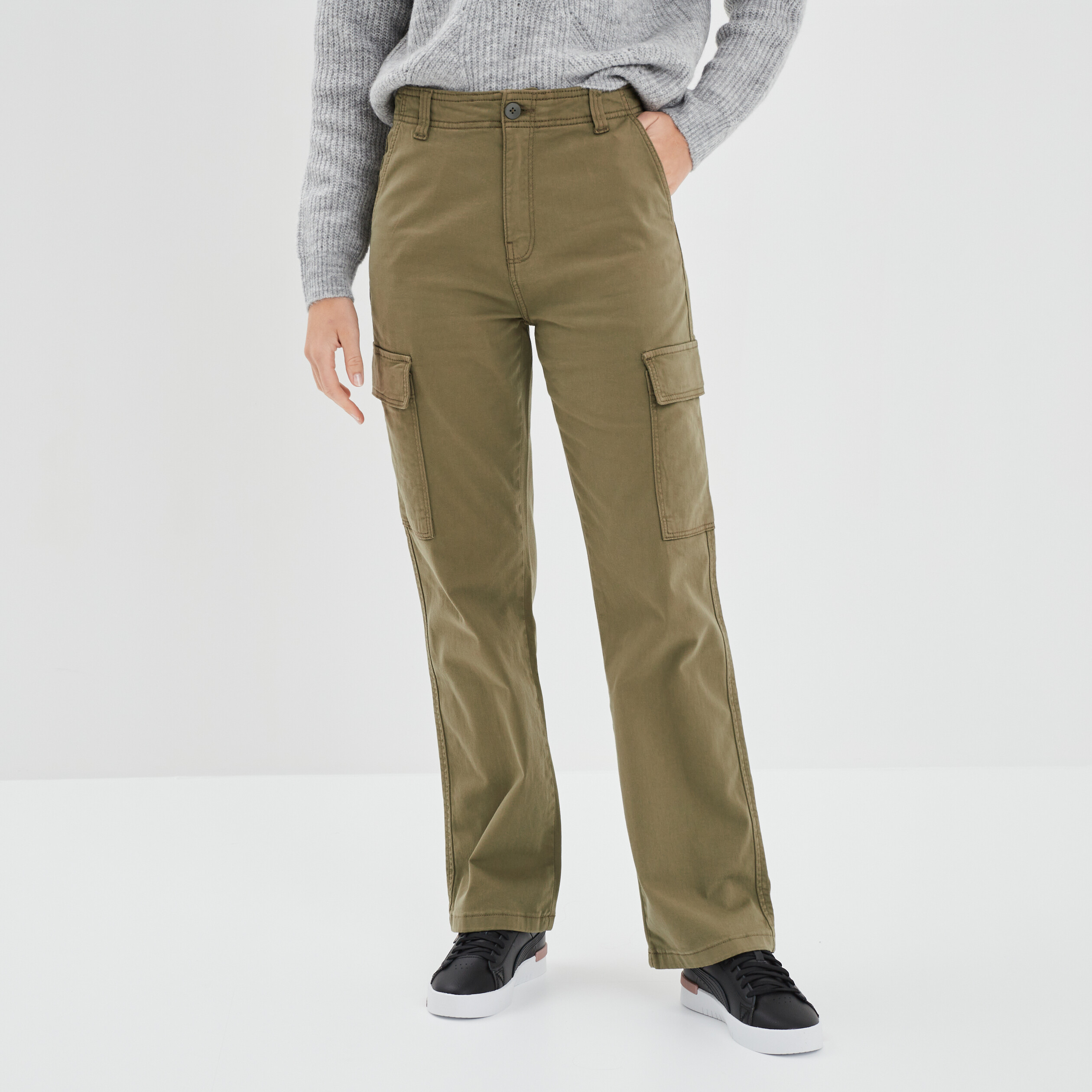 Pantalon cargo droit vert kaki femme | La Halle