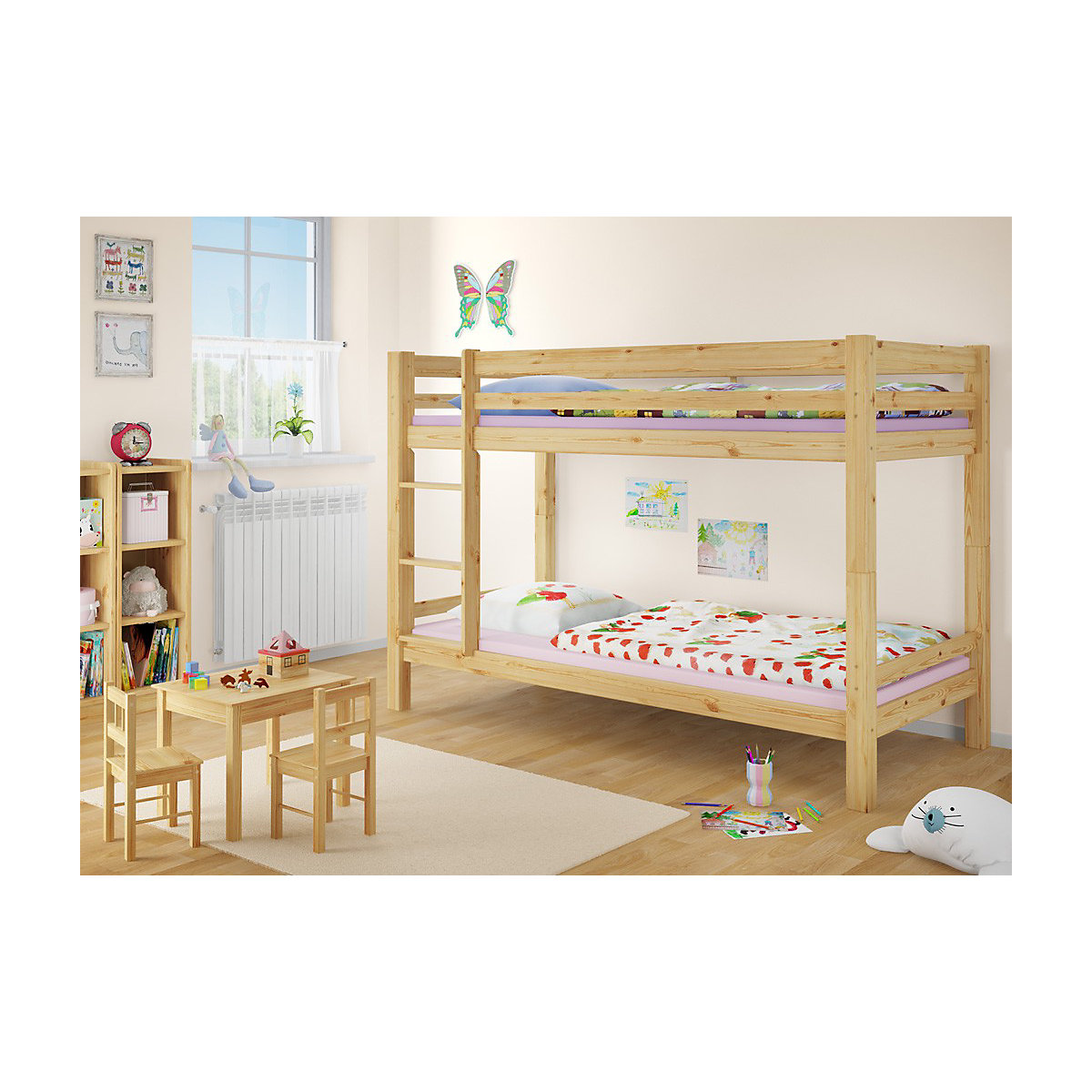 Etagenbett 90x200 Kiefer massiv mit  Rollrost und Matratzen