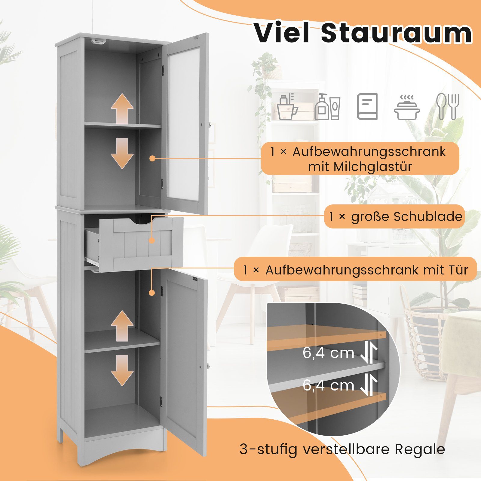 COSTWAY Hochschrank Bad, mit Schublade, 4 Fächern & Glastür, schmal, Holz, 170cm