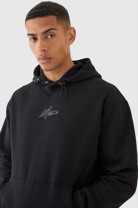 Oversize Hoodie mit Ketten-Naht und Man-Stickerei