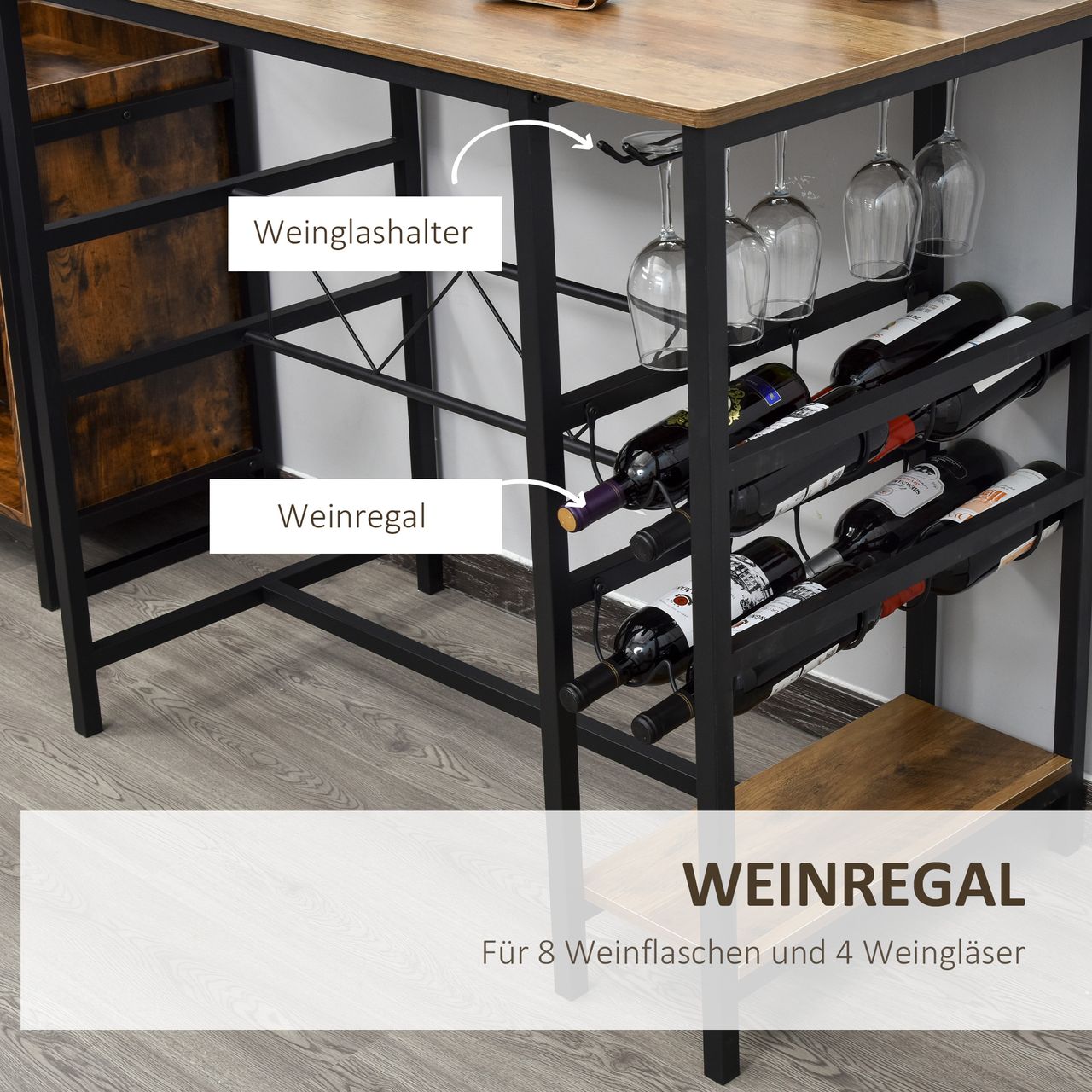 HOMCOM Bartisch-Set, Stehtisch mit 2 Barhockern, 3-teiliges Tischset Küchentresen mit Flaschenhalterung Spanplatte, Stahl, Natur Schwarz, 108 x 60x 95H cm