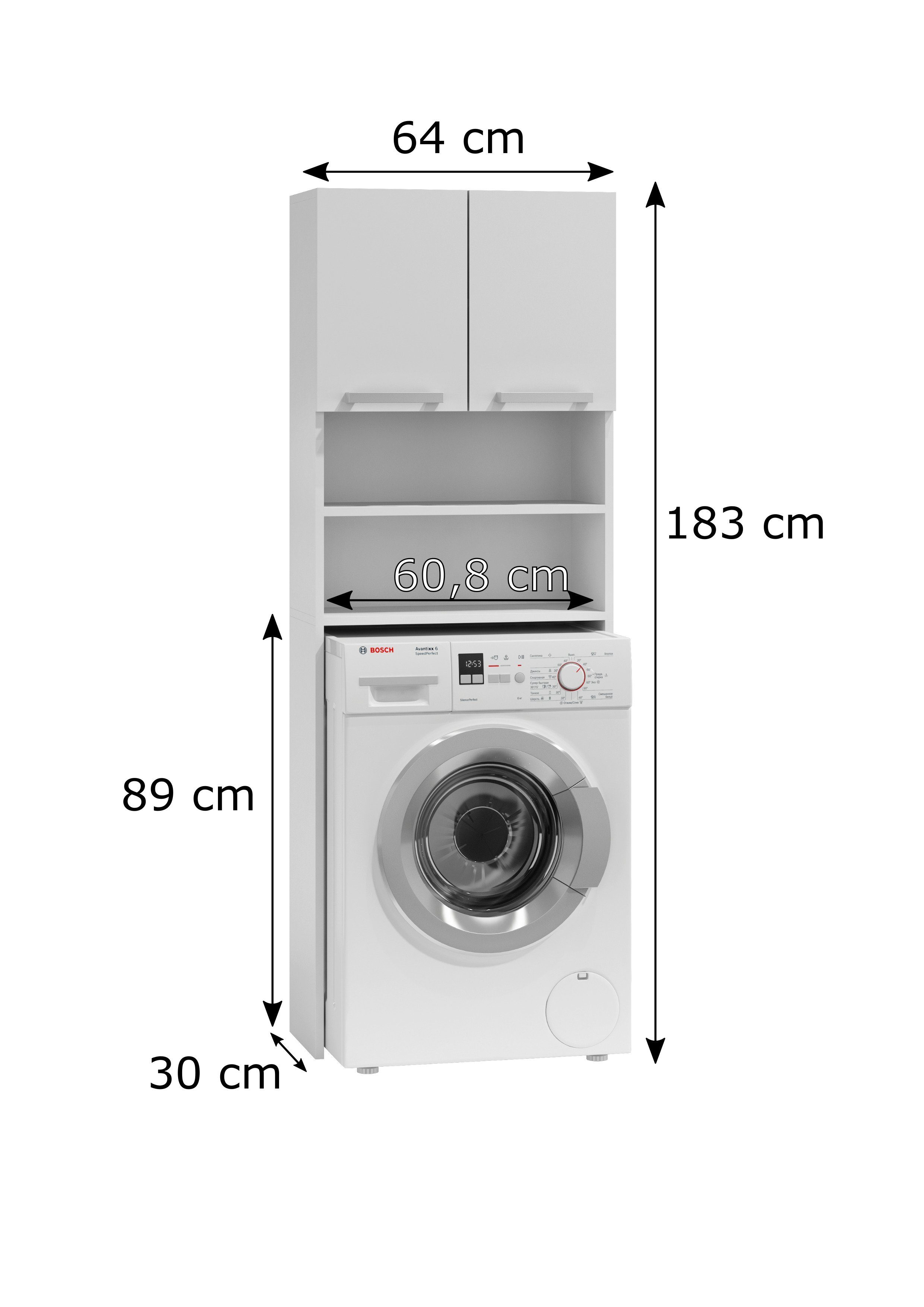 Home Collective Waschmaschinenumbauschrank Waschmaschinenschrank weiß, Hängeschrank Badschrank, Hochschrank Badregal, Waschmaschine Trockner WC 64x180x30 cm (B x H x T)