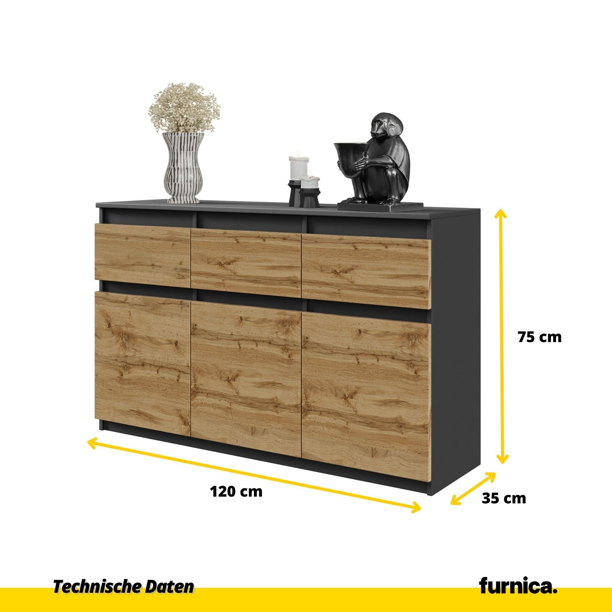 Furnica Kommode NOAH, 3 Schubladen und 3 Türen - Anthrazit Grau H75cm B120cm T35cm (1 St)