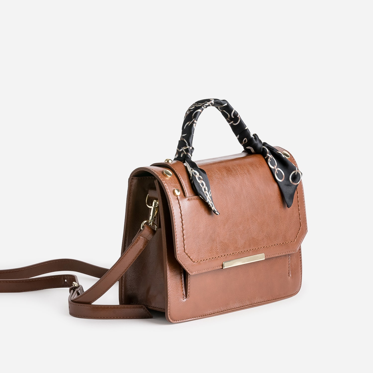 Sac à main cognac avec anse foulard motif