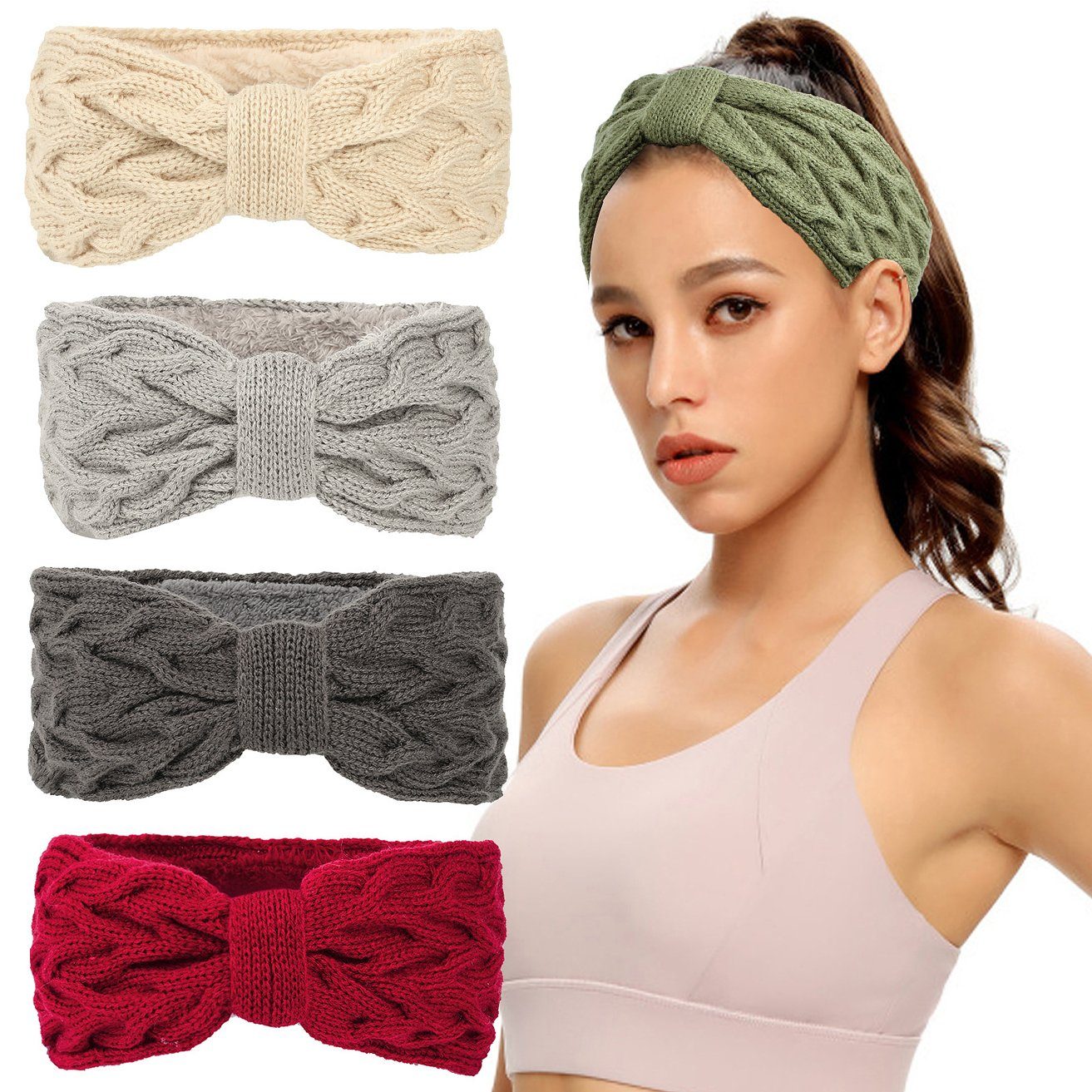 HOHEA H Haarband Winter-Stirnbänder für Damen, grüne Stirnbänder, verschiedene Farben, 1-tlg., Gestricktes Stirnband für Mädchen, Ohrenwärmer, weich, Gestricktes Stirnband mit Plüschfutter für den Herbst, Sport-Stirnband