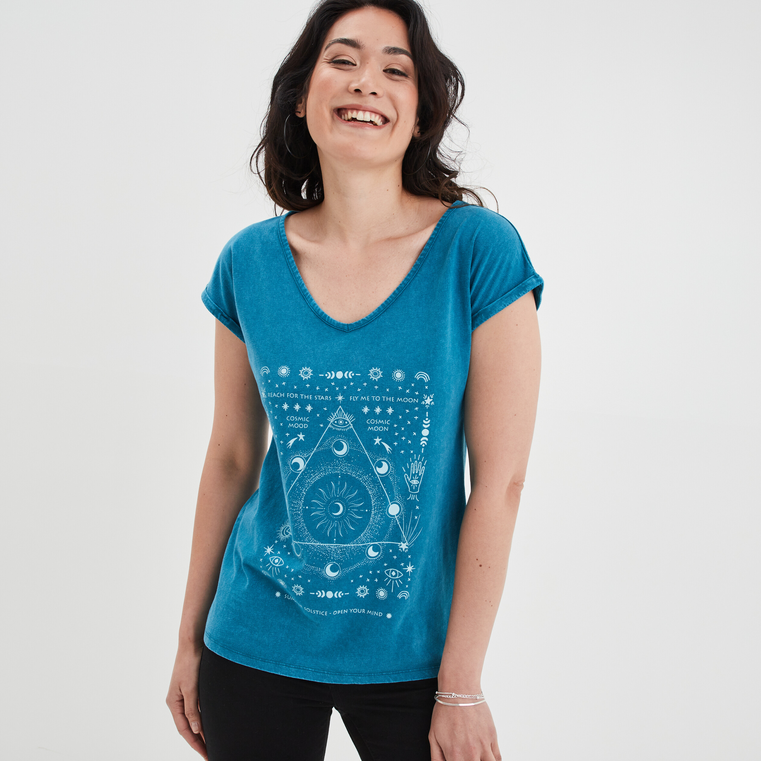 T-shirt oversize col en V Liberto bleu canard femme | La Halle