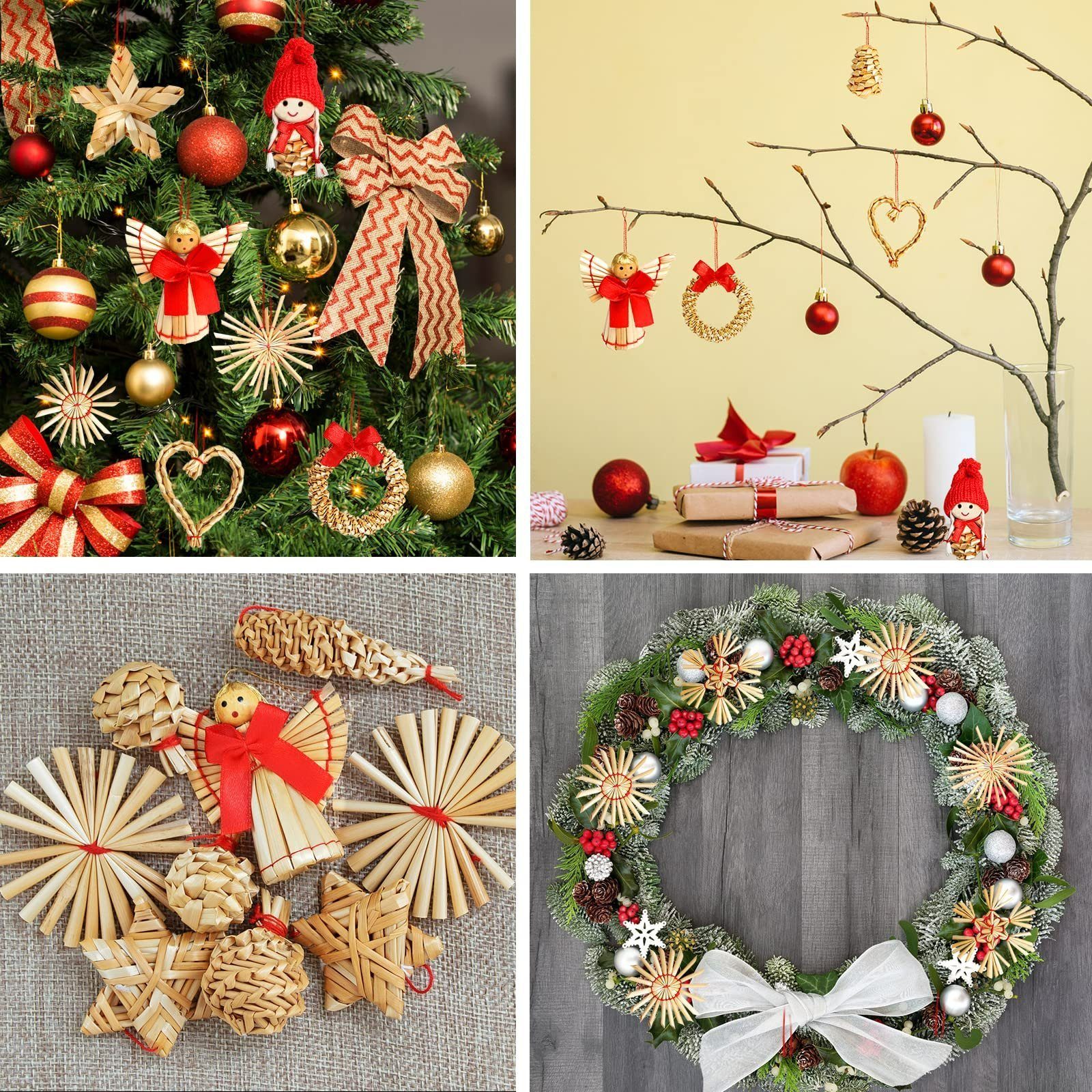 TAN.TOMI Christbaumschmuck Christbaumanhänger Strohsterne Bastel-Set Natur Weizenstroh Christbaumschmuck Geschenk Fenster Deko handgefertigte Strohschmuck 54-tlg, Natürlicher Umweltschutz,handgefertigt