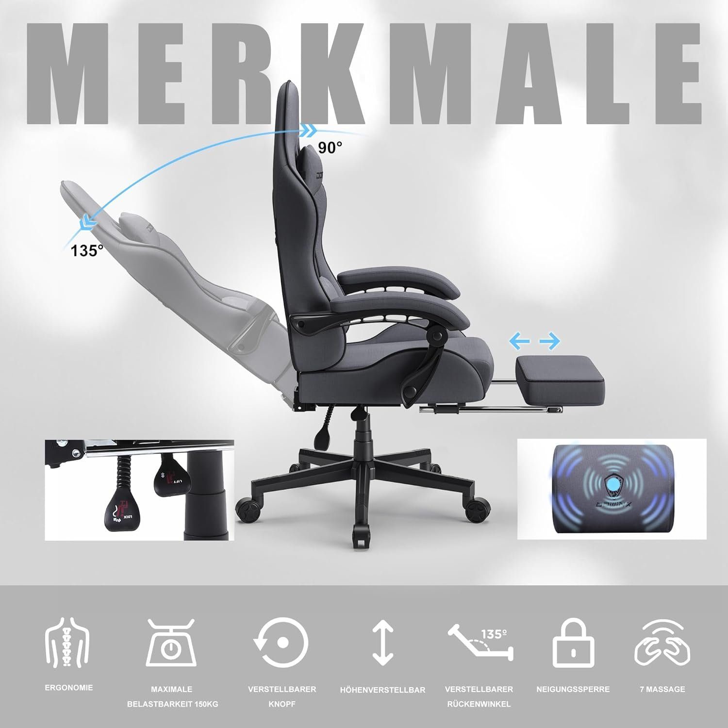 Dowinx Gaming-Stuhl Gaming Stuhl Bürostuhl Ergonomisch, Lendenkissen verstellbar (150 kg Belastbar, Zockerstuhl, Zocker, Sessel Gaming, 1 St), Pc Sessel, Computerstuhl, Computer Stuhl, Zockersessel