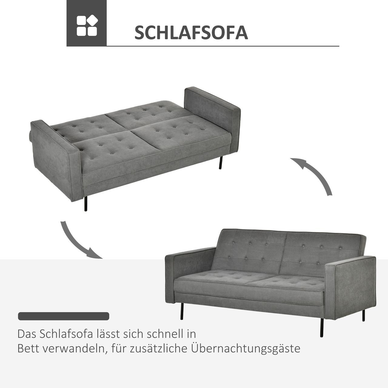 HOMCOM Schlafsofa 3-Sitzer Schlafcouch Stoffsofa Sofa mit Schlaffunktion Bettsofa mit verstellbarer Winkel Vintage Eukalyptusholz Baumwolle Grau