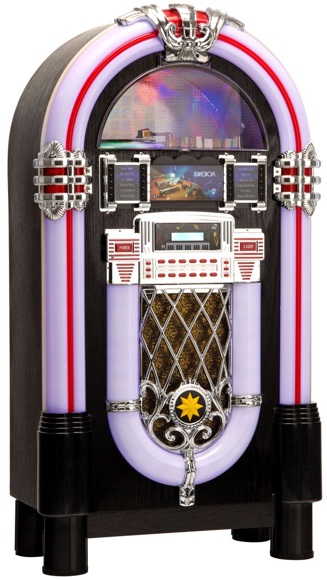 Beatfoxx Lacoon Golden Age Jukebox Set inkl. Untergestell Stereoanlage (UKW/MW-Radio, Retro Musikbox mit LED-Beleuchtung, CD-Player, Bluetooth, USB-SD, AUX)