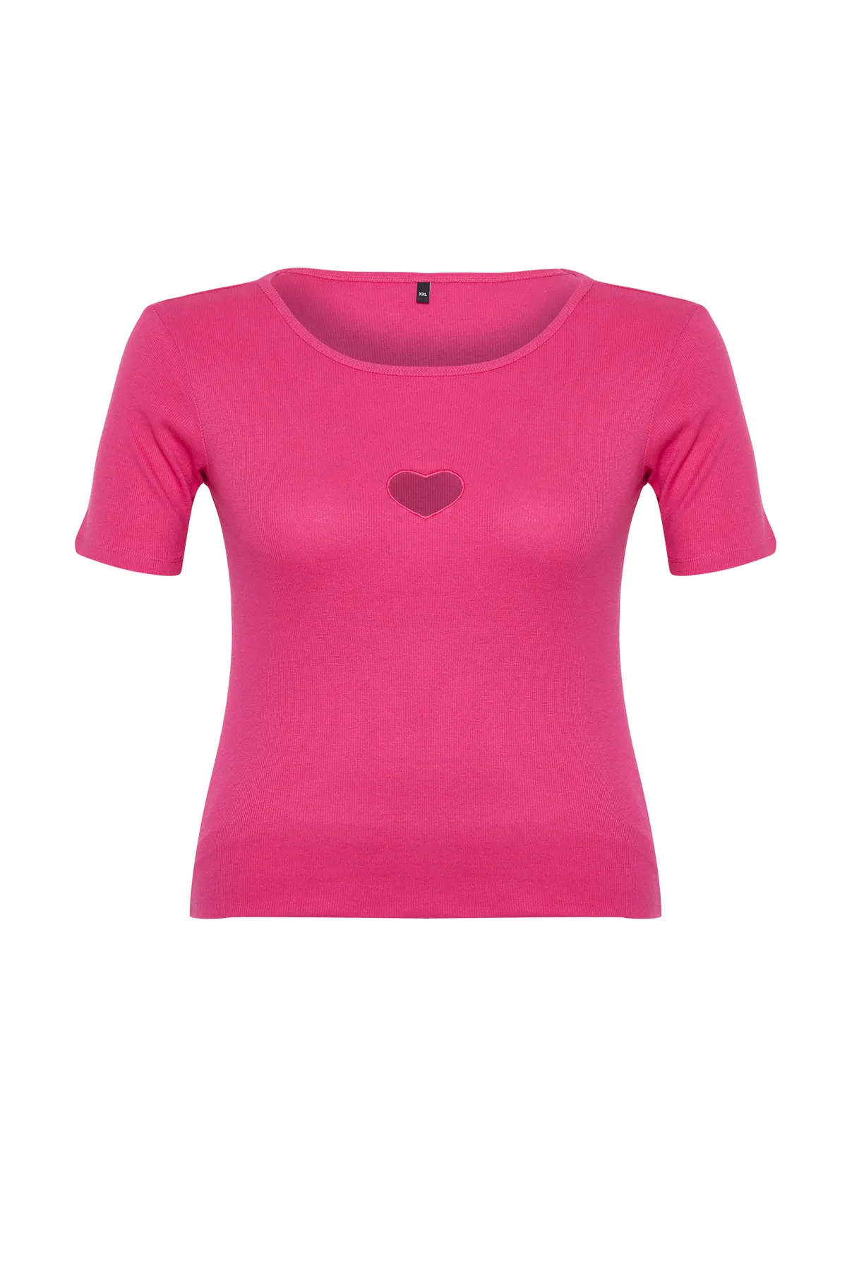Trendyol Curve  Rosa T-Shirt aus Rippstrick mit Herzausschnitt und Cut-Out-Detail TBBSS24BF00006