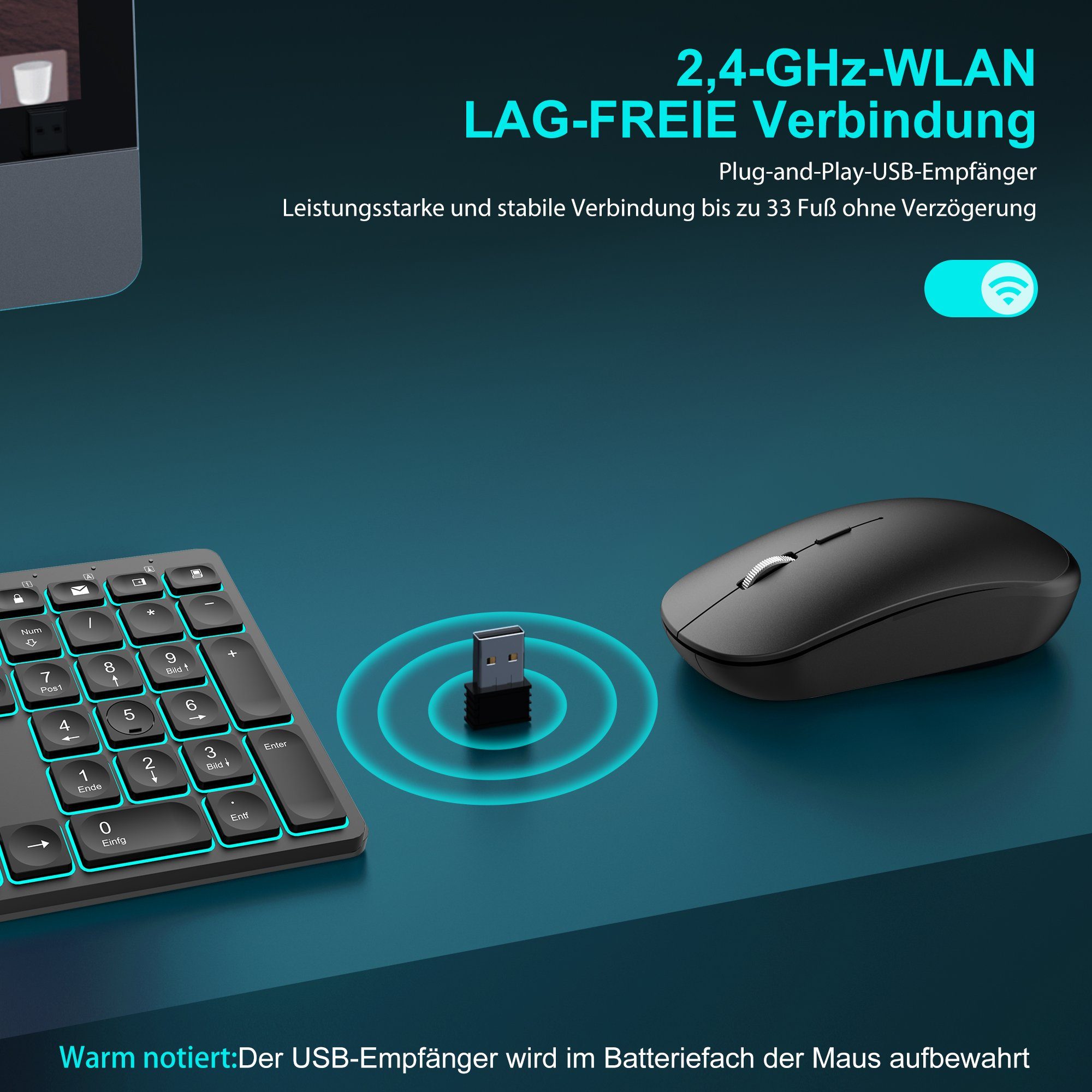 Vbrisi Kabelloses Tastatur Maus Set, Dünn 2.4GHz Tastatur Maus Set Kabellos Tastatur- und Maus-Set