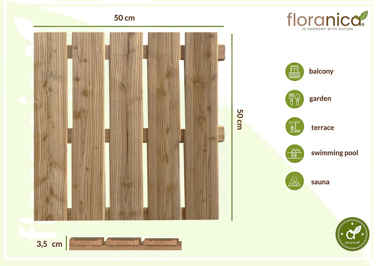 Pemicont Floranica Holzterrassenplatten 1 Stück 50x50 cm Lärchenholz Unbehandelt Boden für die Sauna Terrasse oder dem Balkon Holzfliese im Garten Gefräste Oberfläche Balkonfliesen