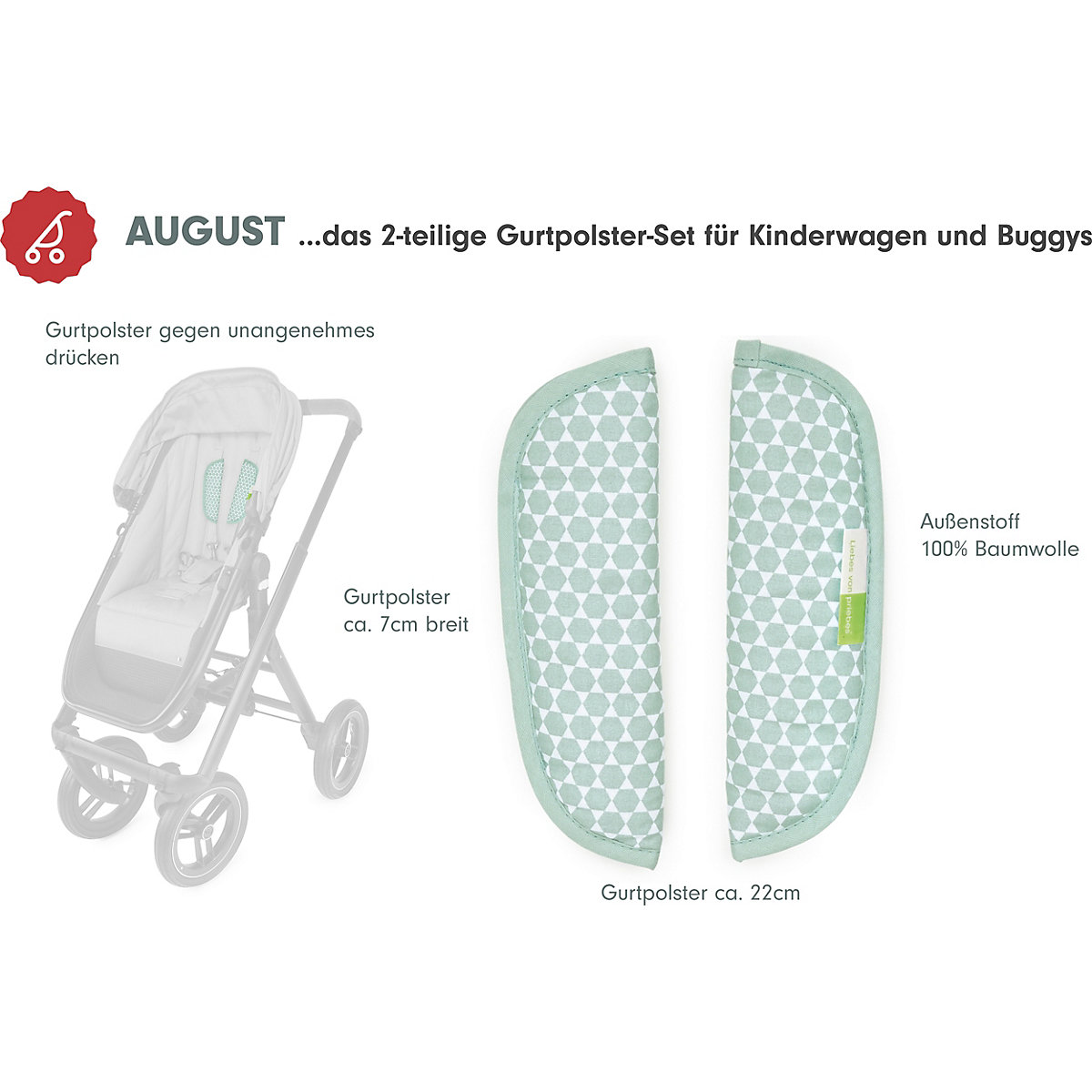 AUGUST Gurtpolster-Set für Kinderwagen und Buggys - Prisma, mint, 2-tlg.