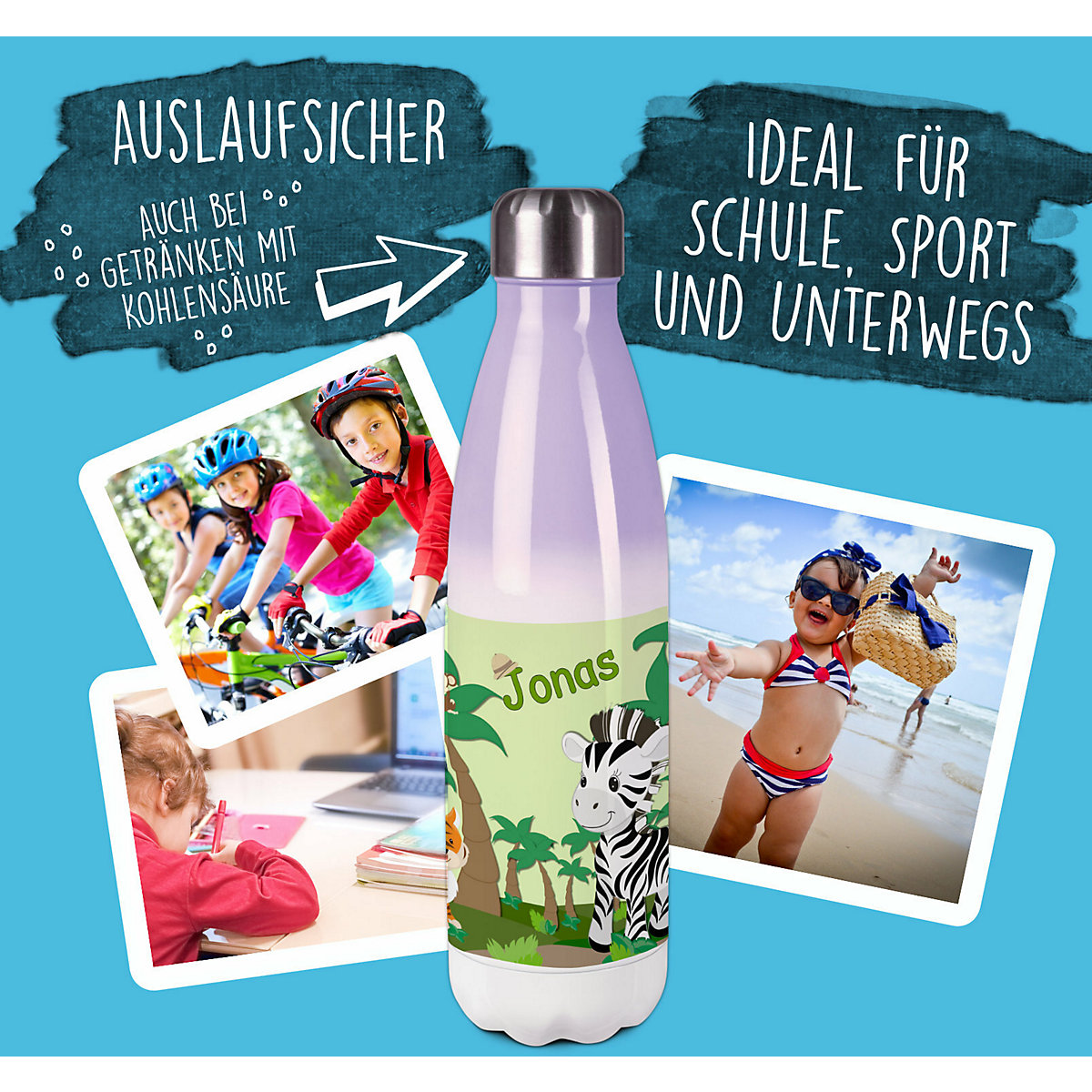 Edelstahl Kinder Thermoflasche / Trinkflasche bunt Safari-Zebra Spülmaschinenfest, Auslaufsicher, Bruchfest, Doppelwandig, Für Heißgetränke geeignet, Mit Deckel, Isoliert