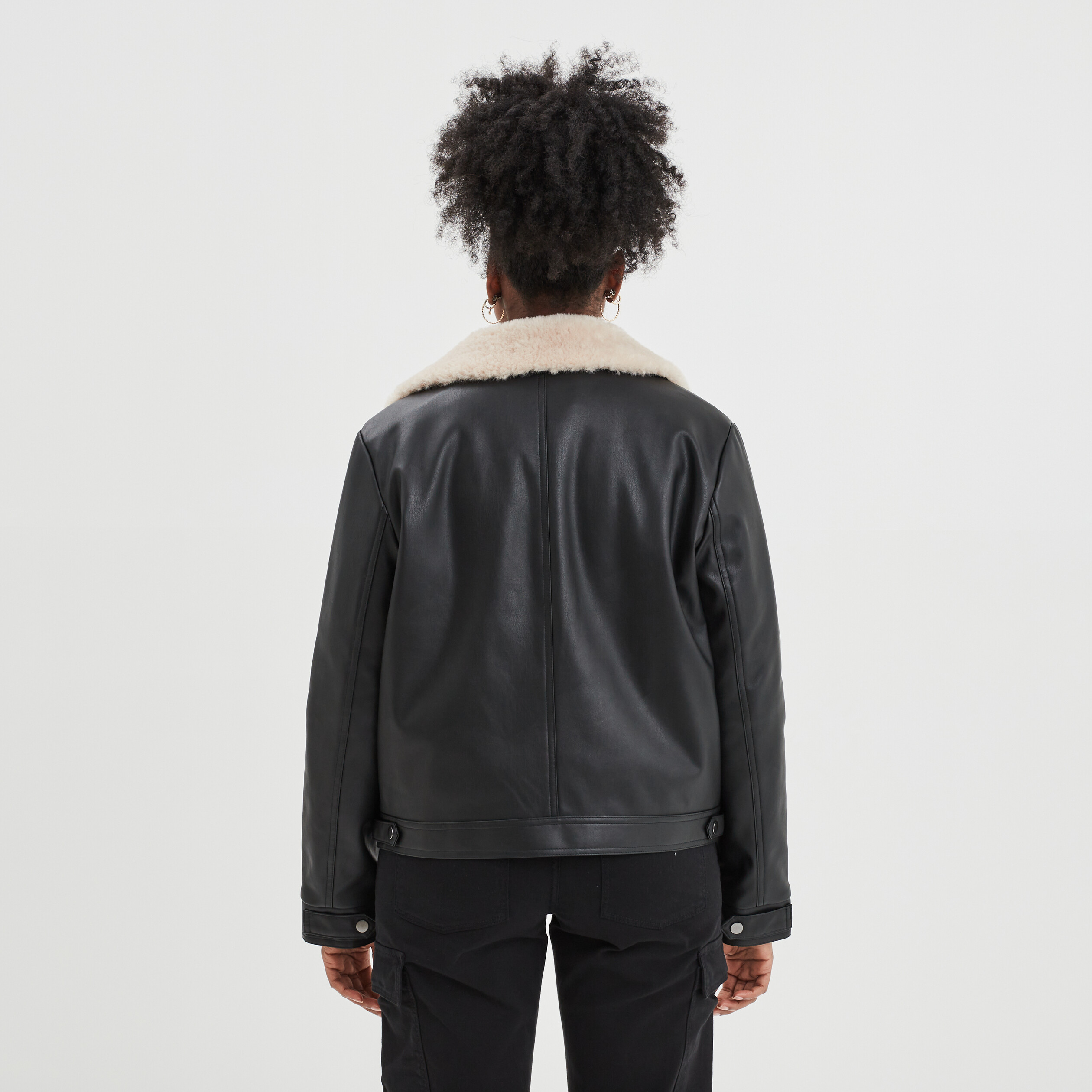 Veste simili cuir col aviateur noir femme | La Halle