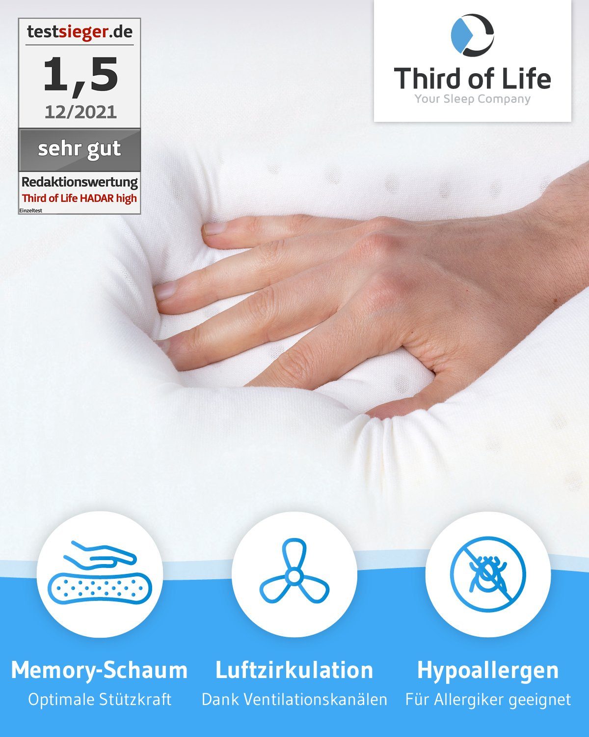 Nackenstützkissen HADAR Nackenstützkissen, Third of Life, Bezug: Thermic, Seitenschläfer,Rückenschläfer, Höhenverstellbar, Visco-Schaumkissen für Seitenschläfer/Rückenschläfer