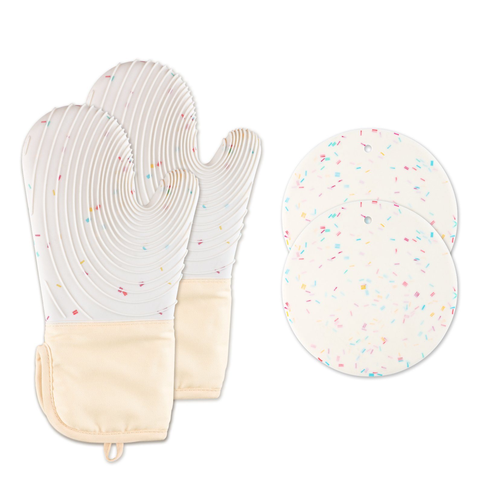 HYIEAR Topfhandschuhe Ofenhandschuhe, hitzebeständiges Backhandschuhe mit 2 Topflappen, (4-tlg), Hitzebeständigkeit, Anti-Rutsch-Spiralstruktur