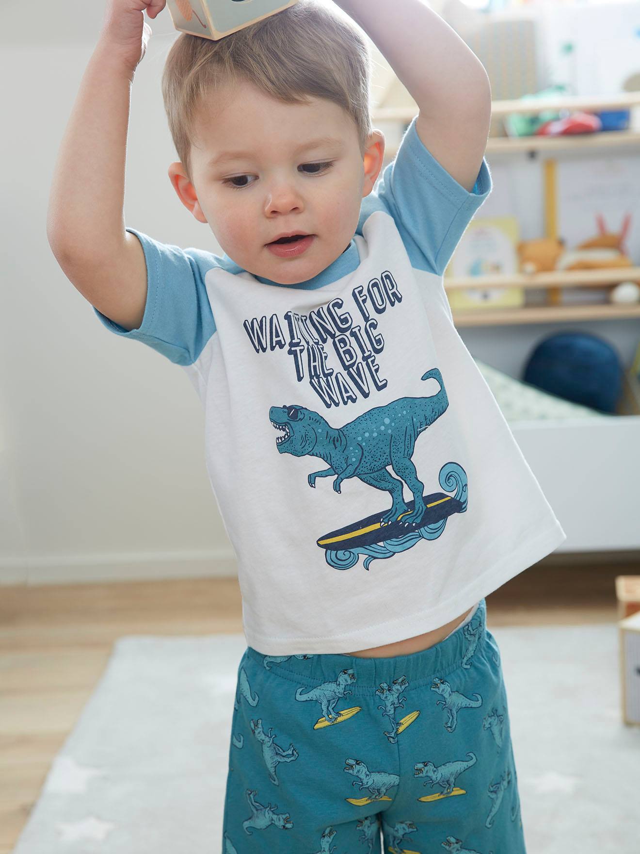 Pyjashort imprimé garçon Dino Surf bleu canard