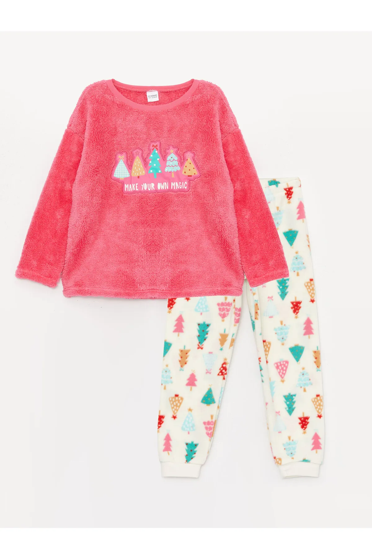 LC Waikiki  Langärmliges Plüsch-Pyjama-Set für Mädchen mit Rundhalsausschnitt und Stickerei