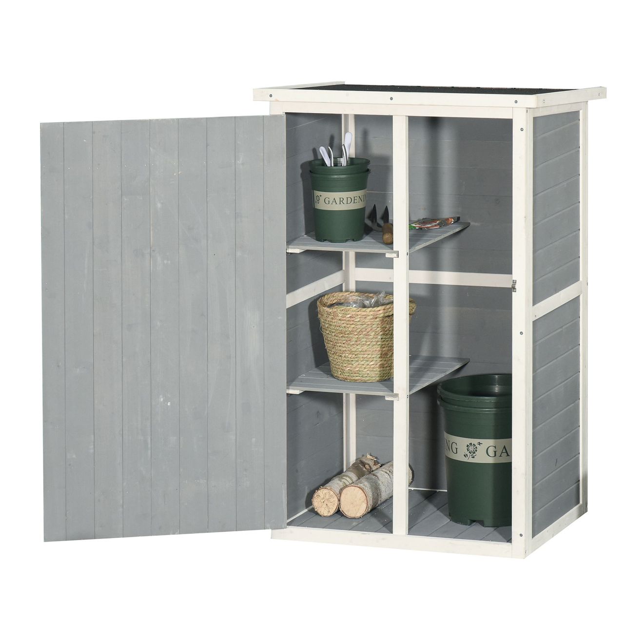 Outsunny Gartenhaus Gerätehaus Geräteschuppen mit Regalböden Geräteschuppen Lagerschuppen für Garten Tanne Schwarz Grau Weiß 75 x 56 x115 cm