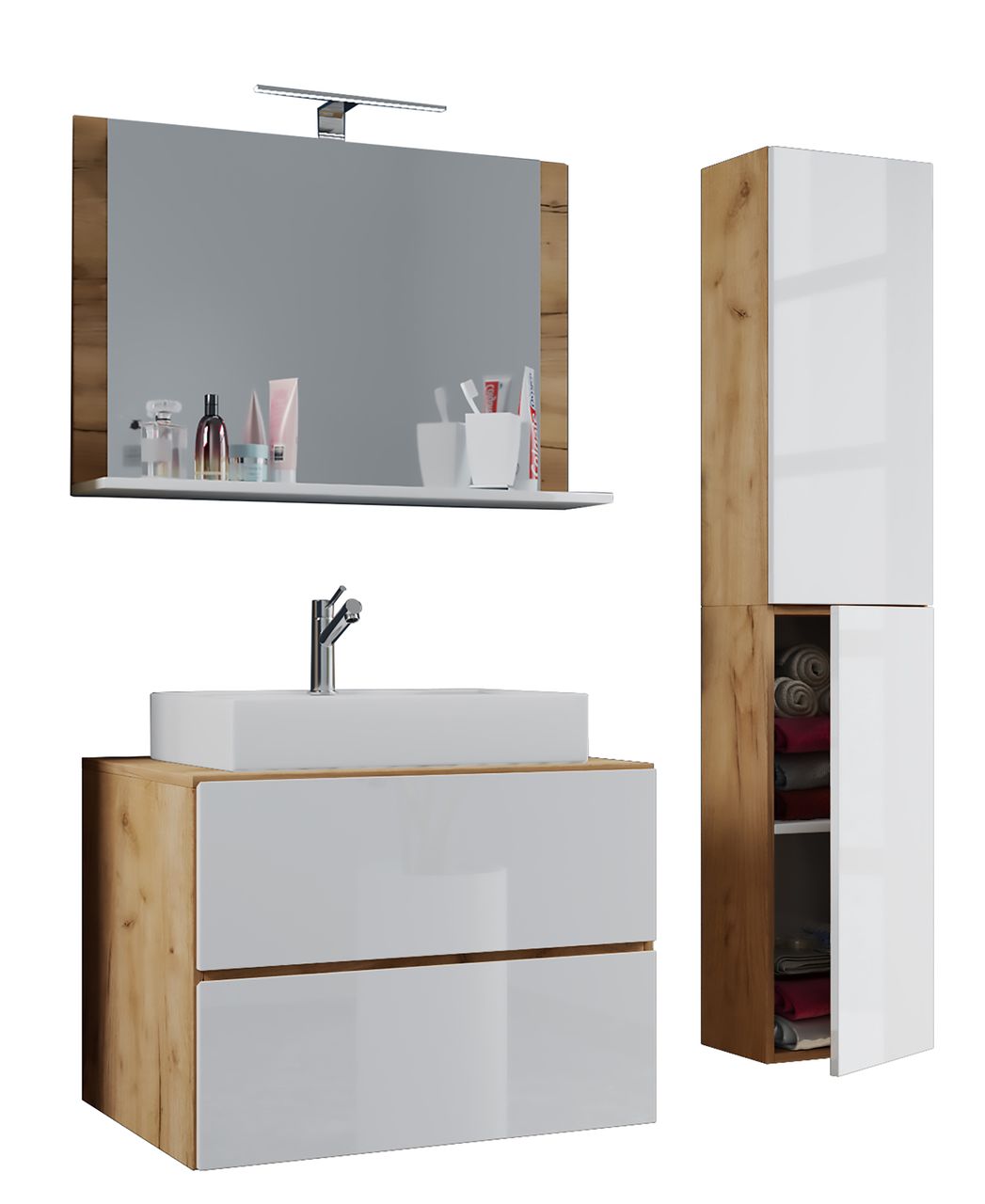 VCM Badblock Lendas L 80cm Unterschrank   Spiegel   1 Seitenschrank Honig-Eiche/Weiß
