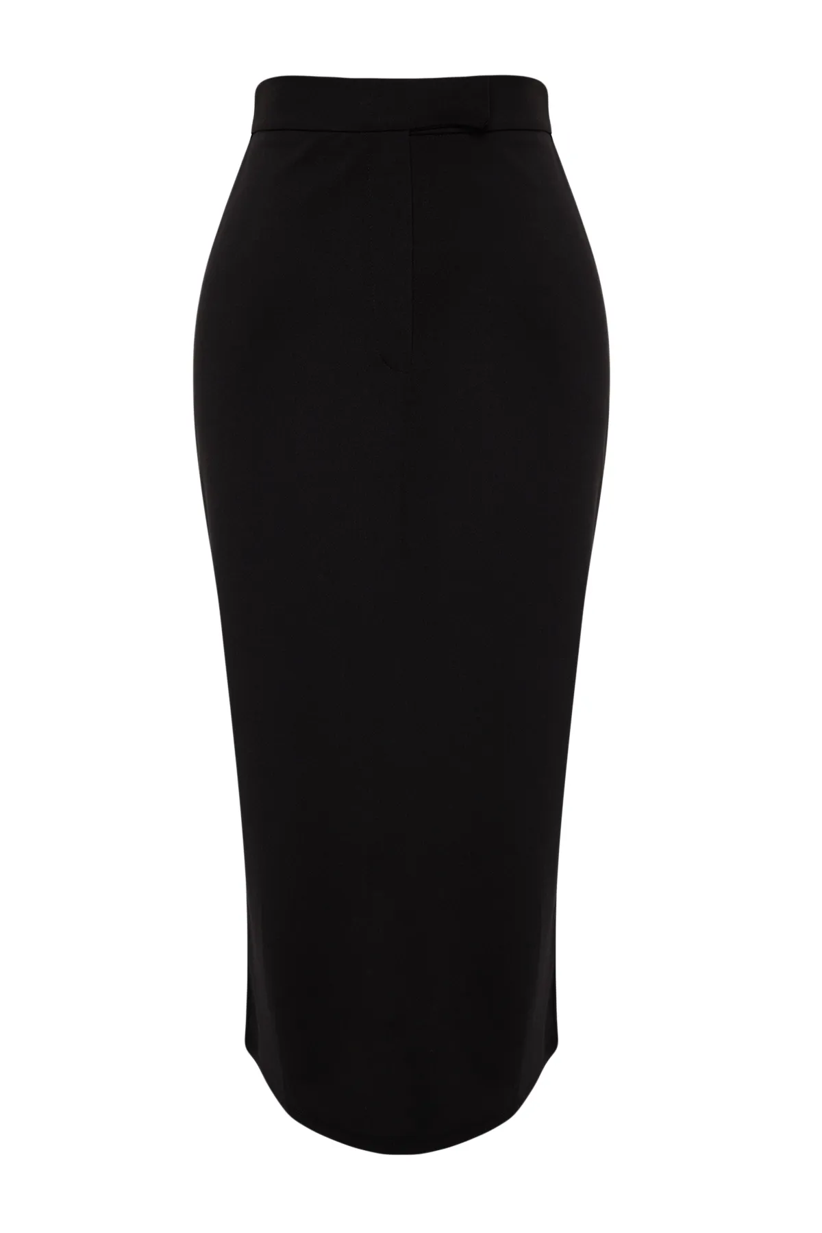 Trendyol Collection  Schwarzer eleganter Crêpe-Midi-Bleistiftrock mit hoher Taille, Stretch-Strickgürtel, Fleto-Tasche, TWOAW24ET00162