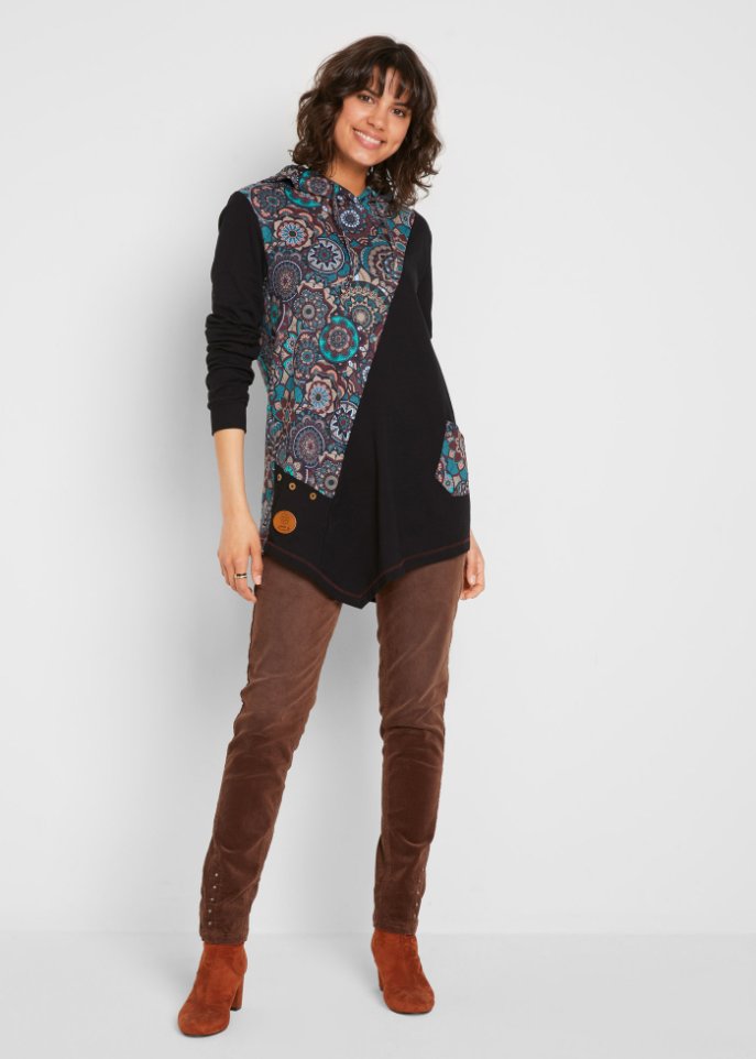 Kapuzenshirt mit Zipfelsaum und Patchwork-Optik, langarm