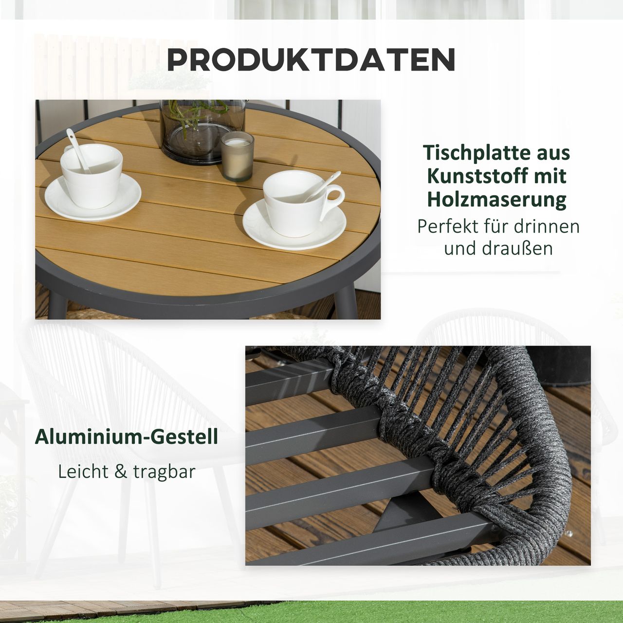 Outsunny 3-TLG. Gartenmöbel Set Rattan Balkonmöbel inkl. Tisch, 2 Stühle