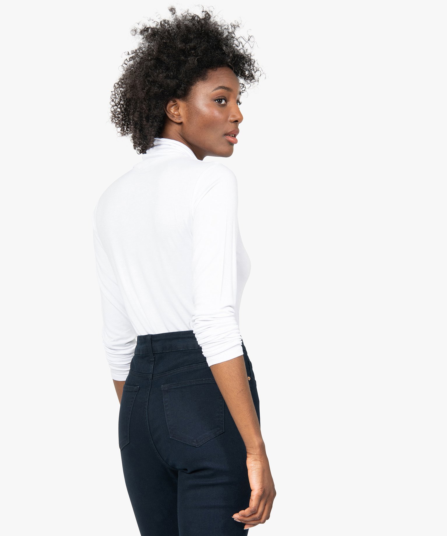 Tee-shirt femme uni avec col roulé et manches longues blanc | GEMO