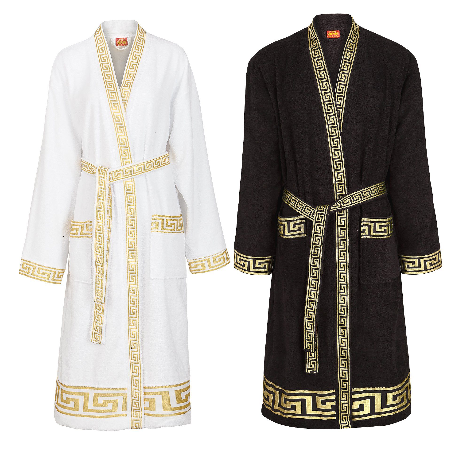 Belle Arti Bademantel Bademantel 100% Baumwolle Damen Herren Mäander Design Schwarz - Weiss, Kimono-Kragen, Gürtel, Unisex, mit 2 Vordertaschen, Kimonokragen und Gürtel, bestickte Bordüre