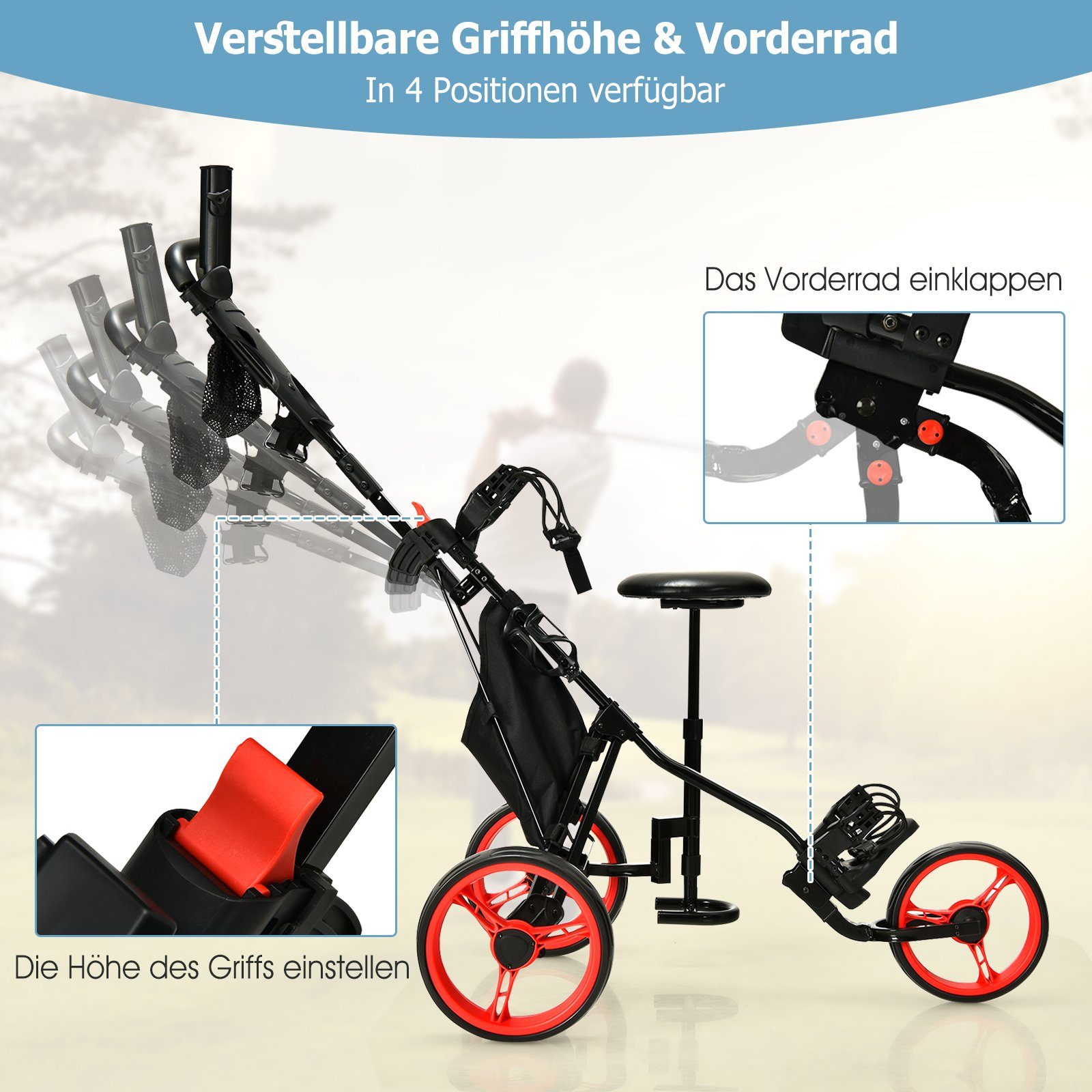 COSTWAY Golftrolley 3-Rad, mit Getränkehalter, Bremse, verstellbar
