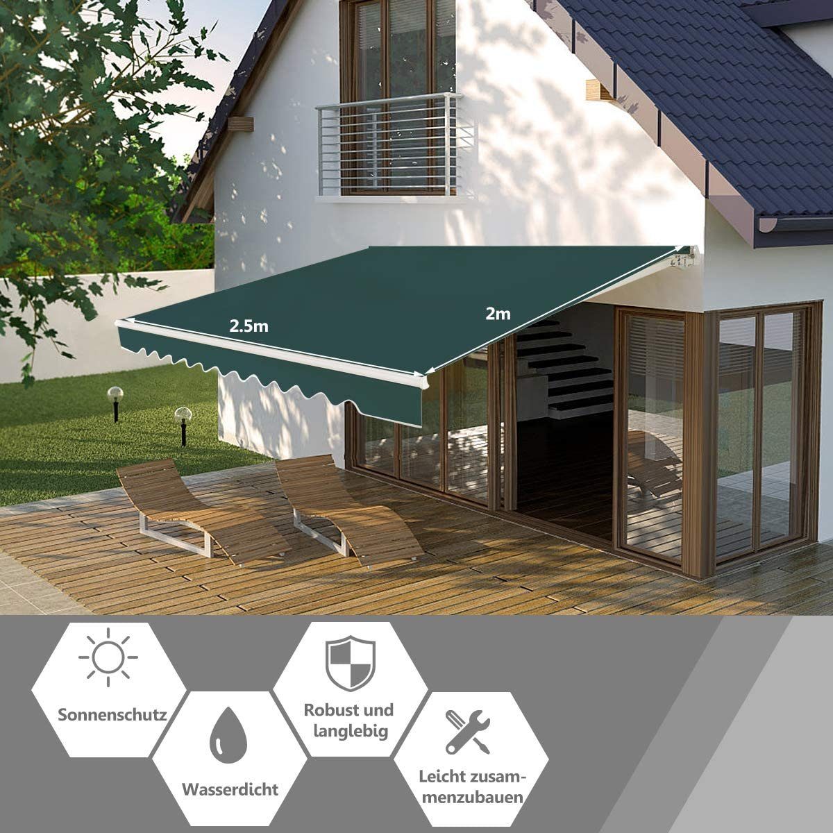 COSTWAY Markise Sonnenmarkise mit Kurbel, Sonnenschutz, 2,5 x 2 m